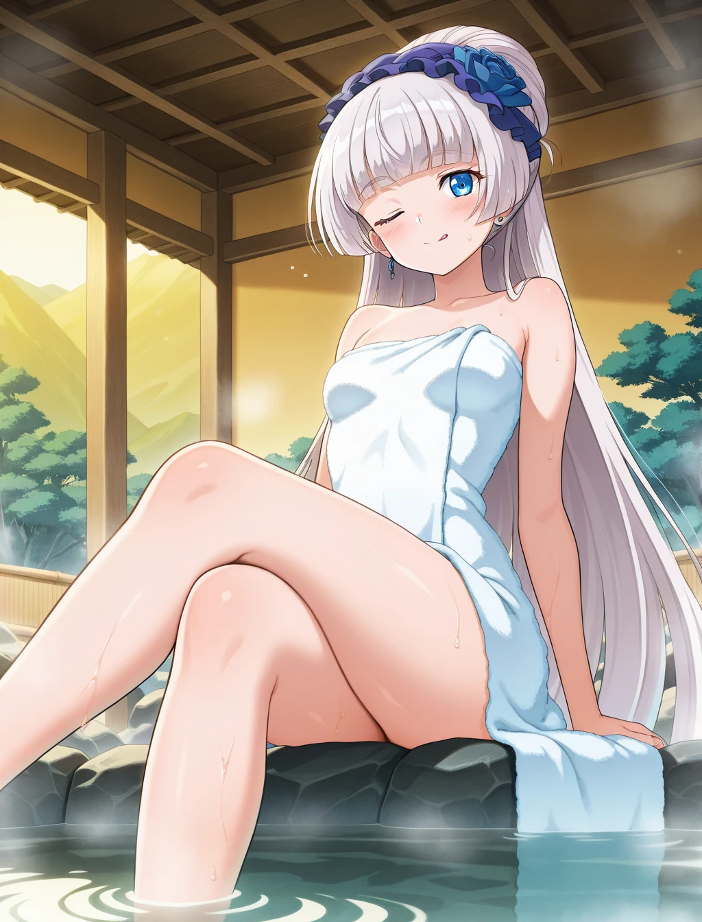 (masterpiece) ,best quality,amazing quality,very aesthetic,absurdres,newest, anime style, BREAK fantastical quality, anime style, newest anime style, Odette, onsen, big bath towel, crossed legs, wink