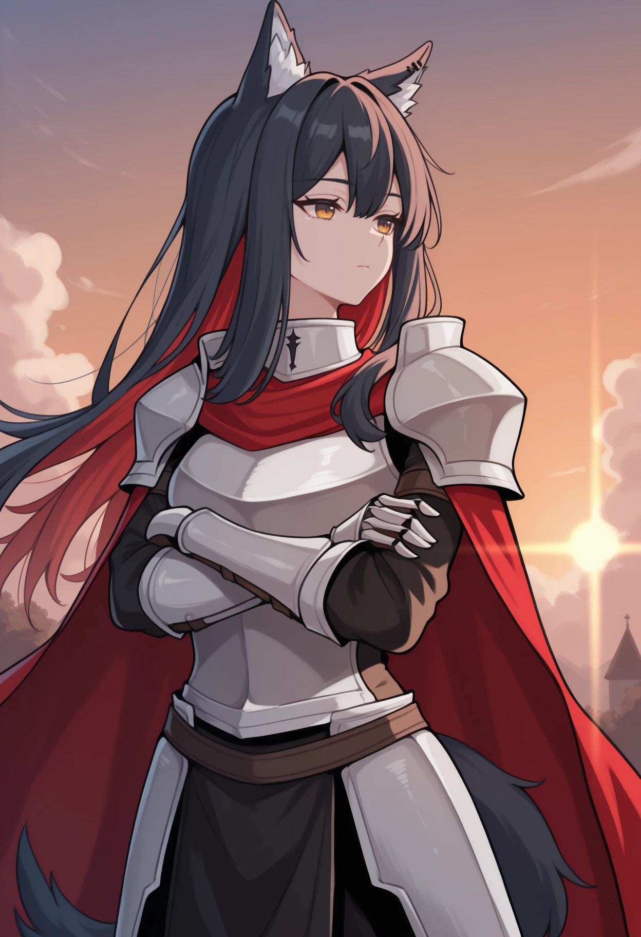 masterpiece, best quality, <break> cowboy shot, solo, 1girl, tex4s, ear piercing, wolf tail, expressionless, looking away, standing, crossed arms, long hair, colored inner hair, black hair, red hair, hair between eyes, animal ears, animal ear fluff, gradient eyes, yellow eyes, knight, red cape, armor, shoulder armor, gauntlets, outdoors, sunset, cloud, sunlight, lens flare
<segment:yolo-Anzhc Face seg 640 v2 y8n.pt,0.4,0.5//cid=1>