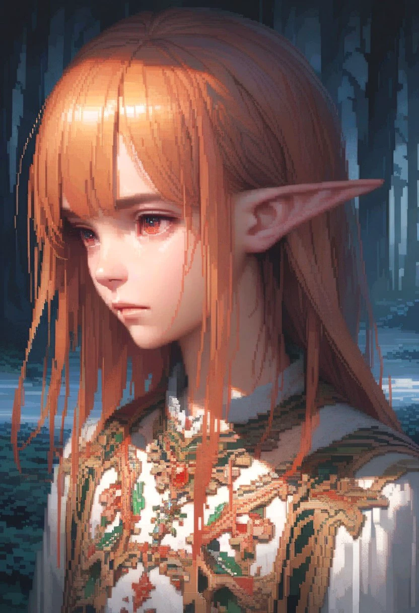 wallpaper, Clear lines, Volumetric light, 4K, 8K, 16K, (masterpiece: 1.4), ( best quality: 1.1), excellent work, 4k, 8k, (ultra detail: 1.25), ((pixelart)), realistic:0.4, a european girl, ginger hair, winter forest, insane details, intricate details, hyperdetailed, hdr, faded, pixel art, elf girl