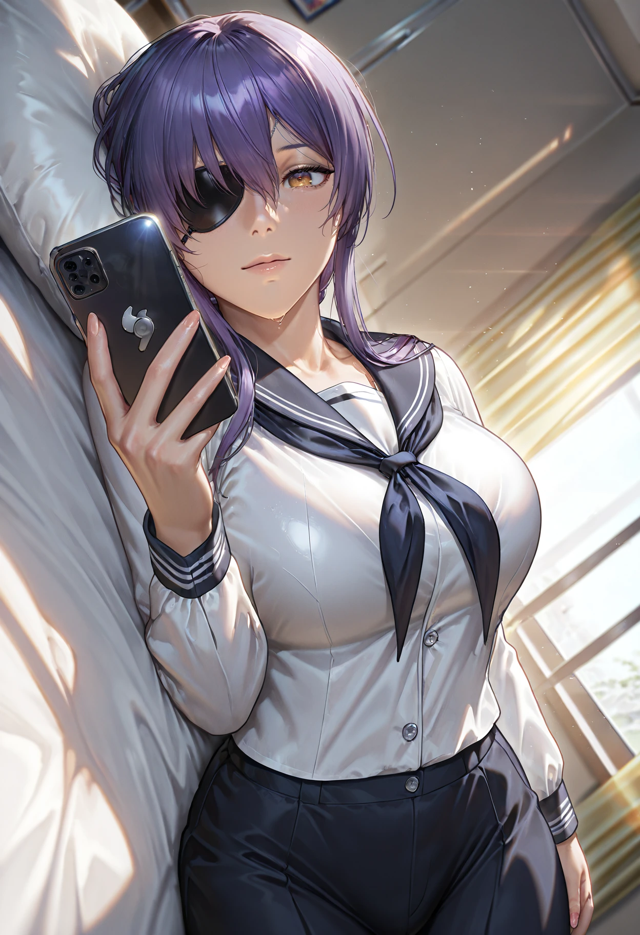 1girl, graycolor_reika, <lora:lora-000016.TA_trained:1>
serafuku, school uniform, on back, bed, indoors, holding phone, phone, cellphone, light rays, sunlight,
graycolor_movie<lora:GrayColor_-_movie:0.8>
photorealistic, dutch angle, from above, fisheye,
increase detail, ultra detail, masterpiece, best quality, amazing quality, very aesthetic, absurdres, newest, volumetric lighting, scenery,