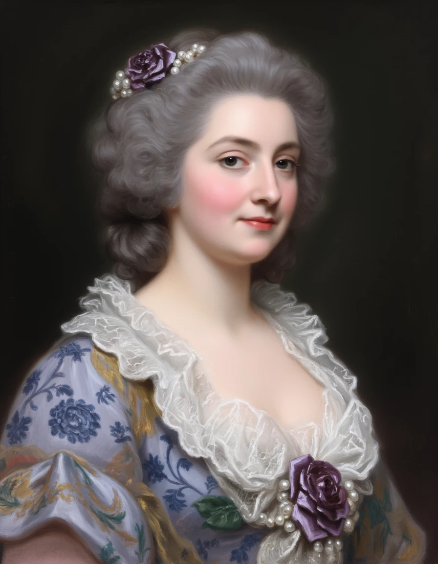 FS. This is a realistic, detailed oil painting of a woman in a classical, romantic style, rendered in a meticulous, high-quality artistic technique. The painting portrays a woman of aristocratic appearance, dressed in an elaborate, 18th-century-style gown with rich, intricate details. She has a fair, porcelain-like complexion with a soft, delicate blush and is adorned with an ornate, lace-trimmed collar that features a large, prominent, embroidered rose brooch in deep purple, surrounded by pearls. Her hair is styled in an elaborate, voluminous updo, adorned with a dark purple flower on the left side.<lora:Former_Splendor:1>