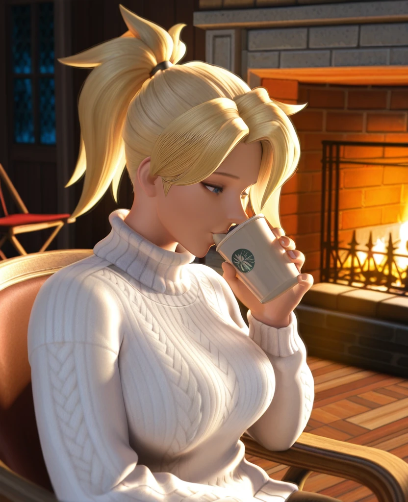 masterpiece, best quality, amazing quality, highres, absurdres, intricate detail, 3d, realistic, very aesthetic, scenery, cinematic, <lora:Overwatch_Cinematic_ILLUS_4_LAST-000008:0.8> ,1girl, mercy, white sweater, short hair, joggers, ponytail, drinking, cup, sitting, chair, fireplace,