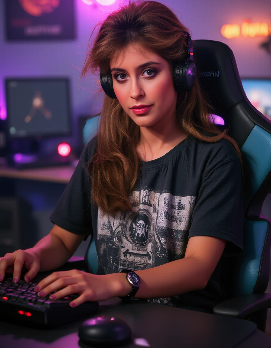 <lora:h3lenslat3rv-1:1.5> h3lenslat3r,amazingly detailed, masterpiece, ultra hd, full body, dynamic angle, beautiful woman, computer gamer, gaming computer, gaming chair, playing cyberpunk 2077, neon bedroom, streamer setup, cyberpunk theme, wild long hair, brown , high detail hair, smokey eye shadow, high detail skin, high detail eyes, seductive eyes, smokey makeup, slender body, toned body, perfect face, slim athletic body,  (cold attitude, eyeshadow, eyeliner:1. 6) (Vintage Retro Gaming 2077 Style T-Shirt) , vibrant colors, beautiful, dramatic lighting, shallow depth of field, Ultra-realistic, beautiful lighting