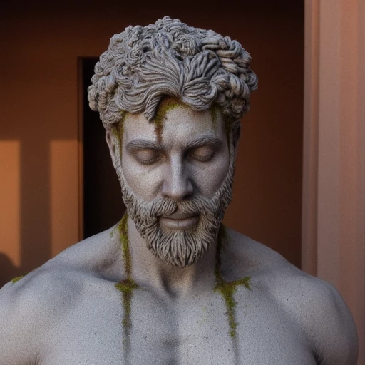 bearded man in ancient Greek or Roman style, weathered appearance. The statue is made of a light gray stone, curly hair, athletic build, bushy beard and mustache., bearded man in ancient Greek or Egyptian style. The statue, highly realistic statue of a muscular, pectorals, shoulder