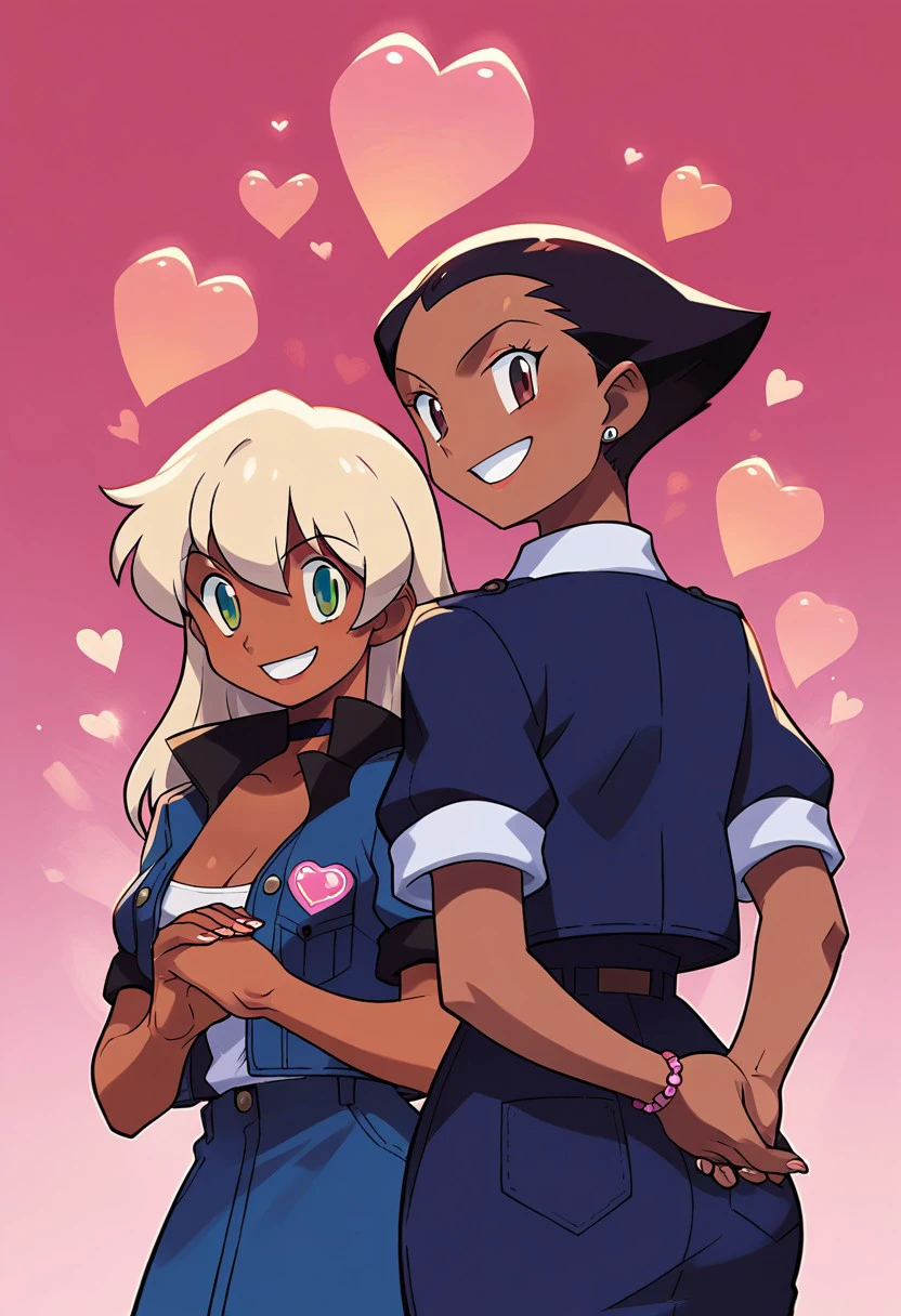 score_9, score_8, score_7, source_anime, jacket, short sleeves, grin, heart, choker, dark-skinned female, own hands together, looking back, 2girls, cleavage