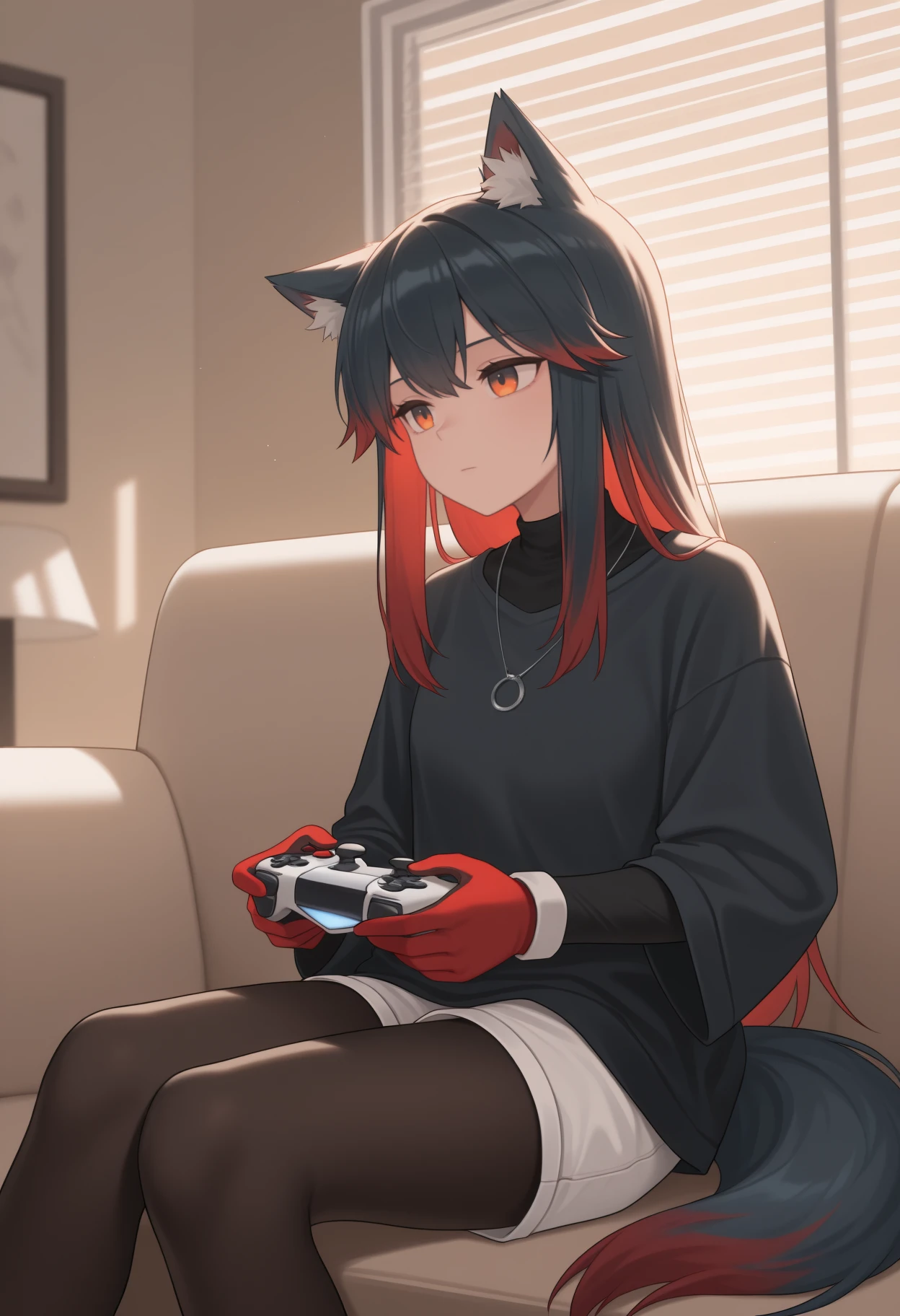 masterpiece, best quality, <break> solo, 1girl, txswinter, wolf tail, expressionless, looking away, sitting, couch, holding game controller, playstation controller, long hair, multicolored hair, black hair, red hair, animal ears, animal ear fluff, orange eyes, black shirt, long sleeves, red gloves, white shorts, black pantyhose, necklace, indoors, window blinds, backlighting
<segment:yolo-Anzhc Face seg 640 v2 y8n.pt,0.4,0.5//cid=1>