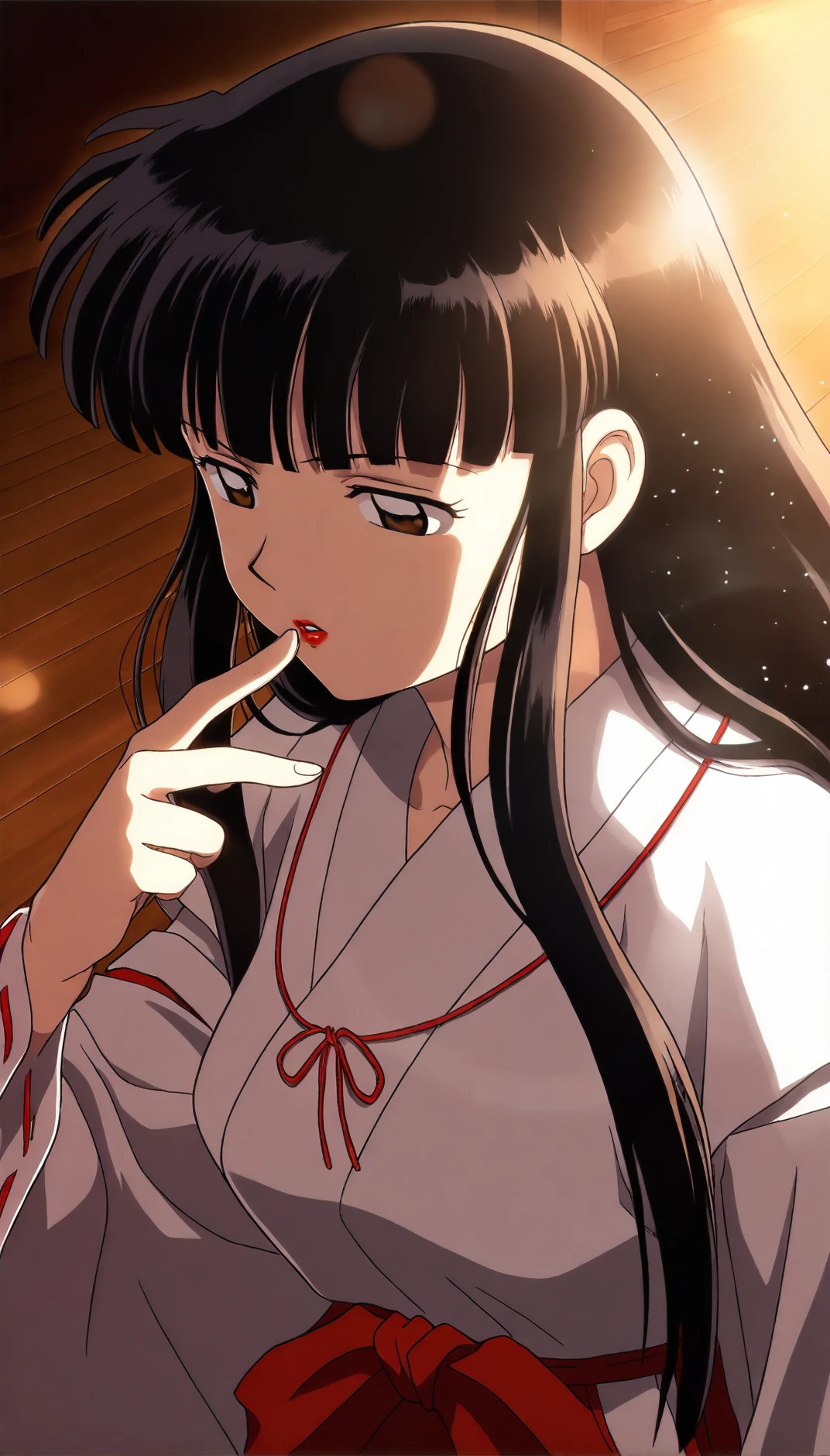 masterpiece,best quality,amazing quality,<lora:kikyoIL:1>,
oykik,
1girl,solo,black hair,bangs,long hair,brown eyes,parted lips,red lips,miko outfit,red ribbon necklace,portrait,finger before mouth,red point on finger,
indoors,wooden floor,
(soft lighting:1.2),lens flare abuse,light particles,