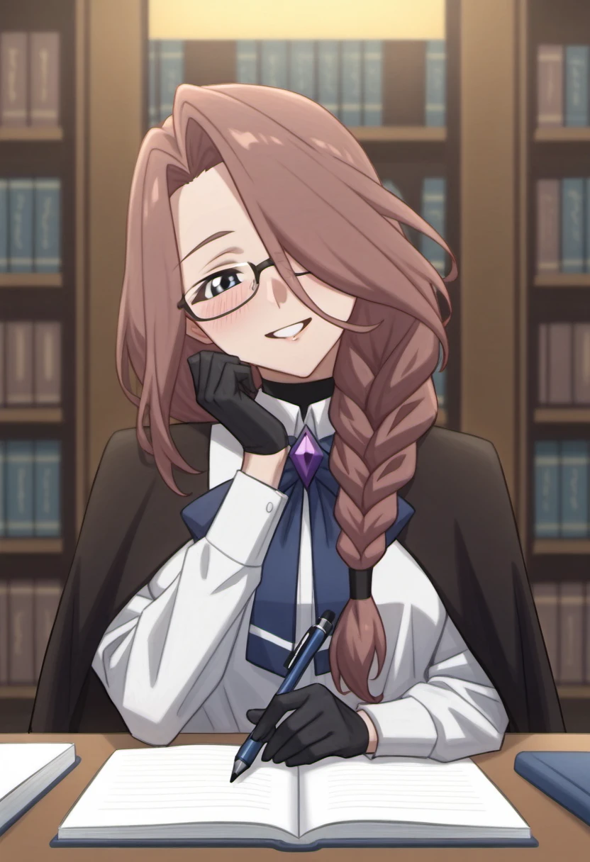 1girl, solo, crucabena, gentle, looking behind, long hair, brown hair, hair over one eye, braid, single braid, hair over shoulder, white shirt, long sleeves, black cape, bow, gem, black gloves, sitting, library, glasses, book, writing, focused_expression, warm_lighting, desk, pen, head_tilt, <lora:Character_Crucabena - Gentle:0.8>