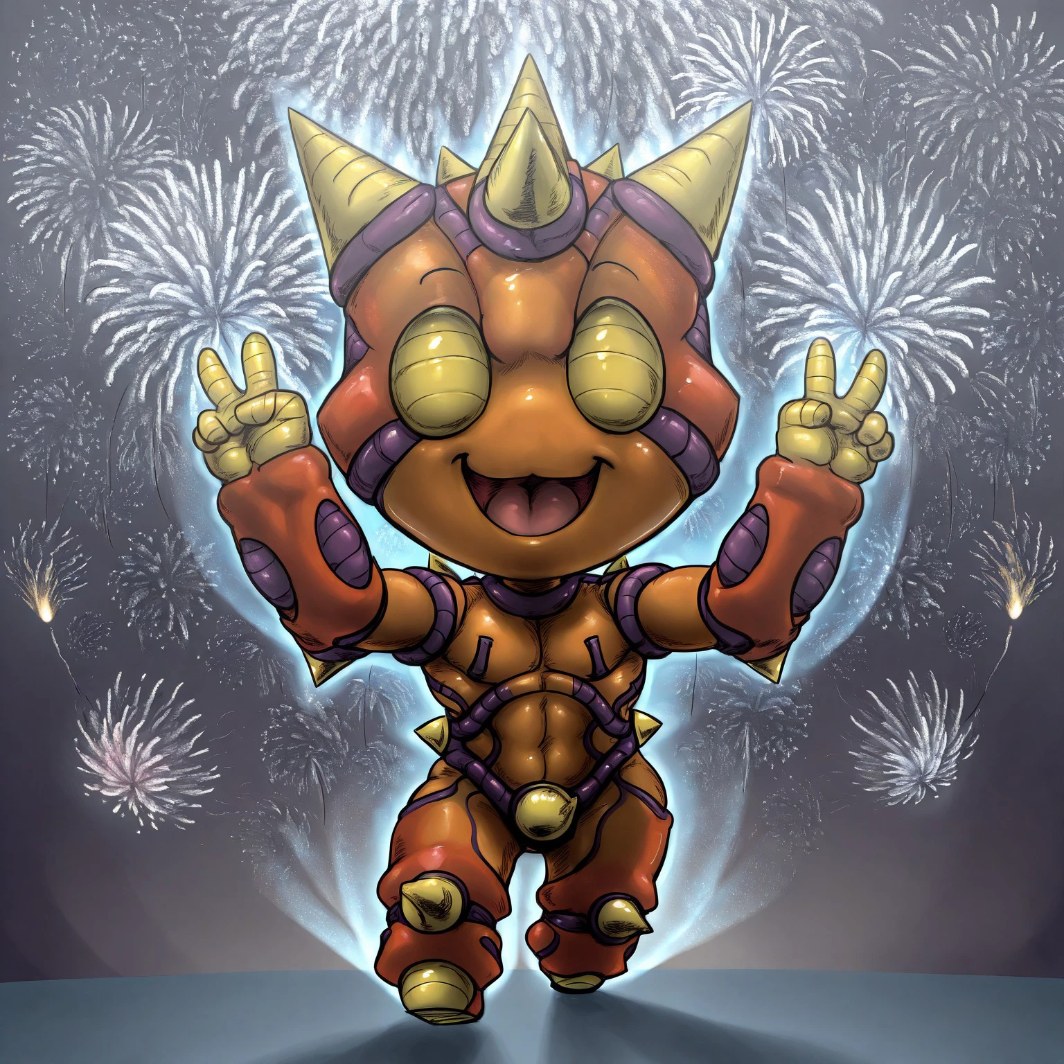 masterpiece, best quality, realistic, ballroomblitz, solo, full body, stand (jojo), 1boy, colored skin, yellow eyes, no pupils, spikes, aura, shiny, glowing eyes, smile, open mouth, double v, (chibi, perspective, fireworks)