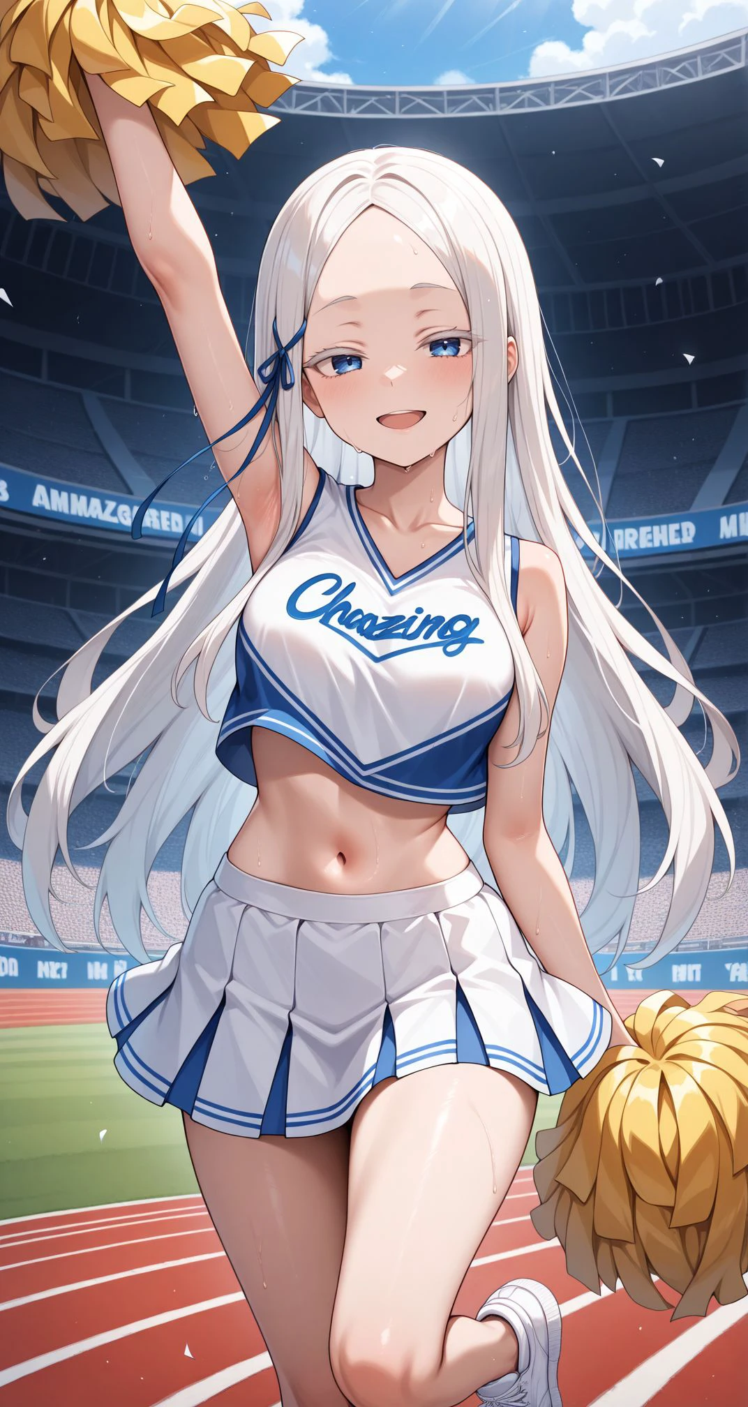 (masterpiece, best quality), amazing quality, very aesthetic, absurdres,
<lora:Pandora:1> 1girl, white hair, forehead, long hair, collarbone, parted bangs, hair ribbon, blue eyes, blue ribbon, cheerleader, midriff, pom pom \(cheerleading\), stadium, standing, sneakers, cowboy shot, sweat, smile, open mouth, arm up,