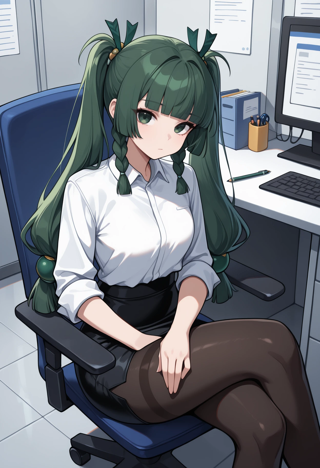 masterpiece, best quality, <break> solo, 1girl, q1ngyi, expressionless, looking at viewer, sitting, swivel chair, crossed legs, long hair, green hair, blunt bangs, twintails, twin braids, hair ornament, green eyes, white shirt, collared shirt, sleeves rolled up, black skirt, pencil skirt, black pantyhose, indoors, office, cubicle
<segment:yolo-Anzhc Face seg 640 v2 y8n.pt,0.4,0.5//cid=1>