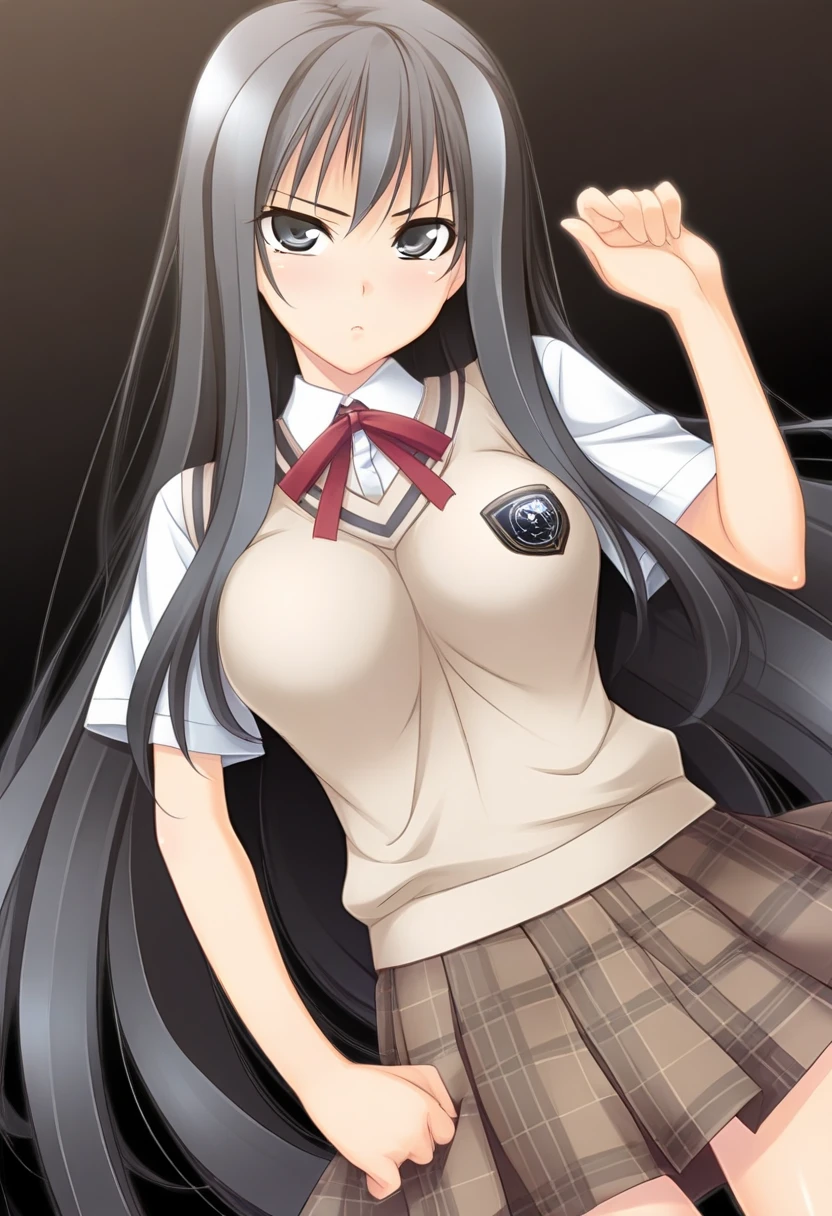 masterpiece,best quality,amazing quality, 1girl, c makina, very long hair, black hair, black eyes, white collared shirt, beige sweater vest, red neck ribbon, short sleeves, beige plaid skirt,  looking at viewer, dutch angle, black background, <lora:Kurusu_ver3Makina_ILLUS_c:1>