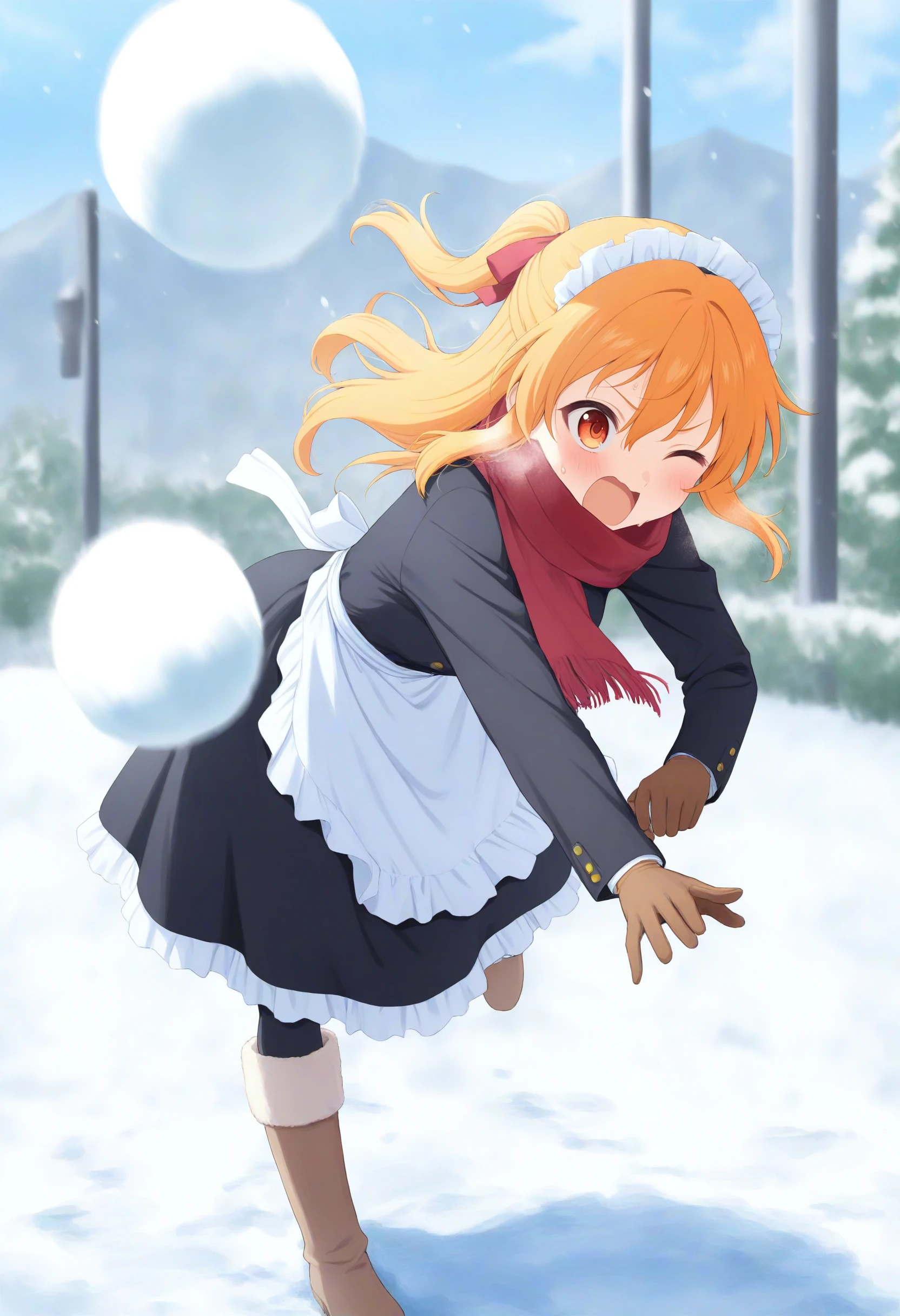 1girl,(sho \(sho lwlw\):0.7),(toosaka asagi:0.5),(sincos:0.3),solo,
masterpiece, best quality, newest, absurdres, CG, anime, source anime, illustration,
maid, maid headdress,medium breasts,
snowball fight, snowball, snow, snowing, outdoors,
winter, winter clothes, open coat, boots, gloves,  coat,  scarf, long sleeves, blush, breath,
throwing, outstretched arms, standing, standing on one leg, leg up,  spread arms, outstretched arm, blurry foreground, leaning forward, motion blur,  <lora:snowballfight_Illust_v1:0.8>
dutch angle, full body, looking up, orange hair, orange eyes,wince, open mouth, half updo hair,