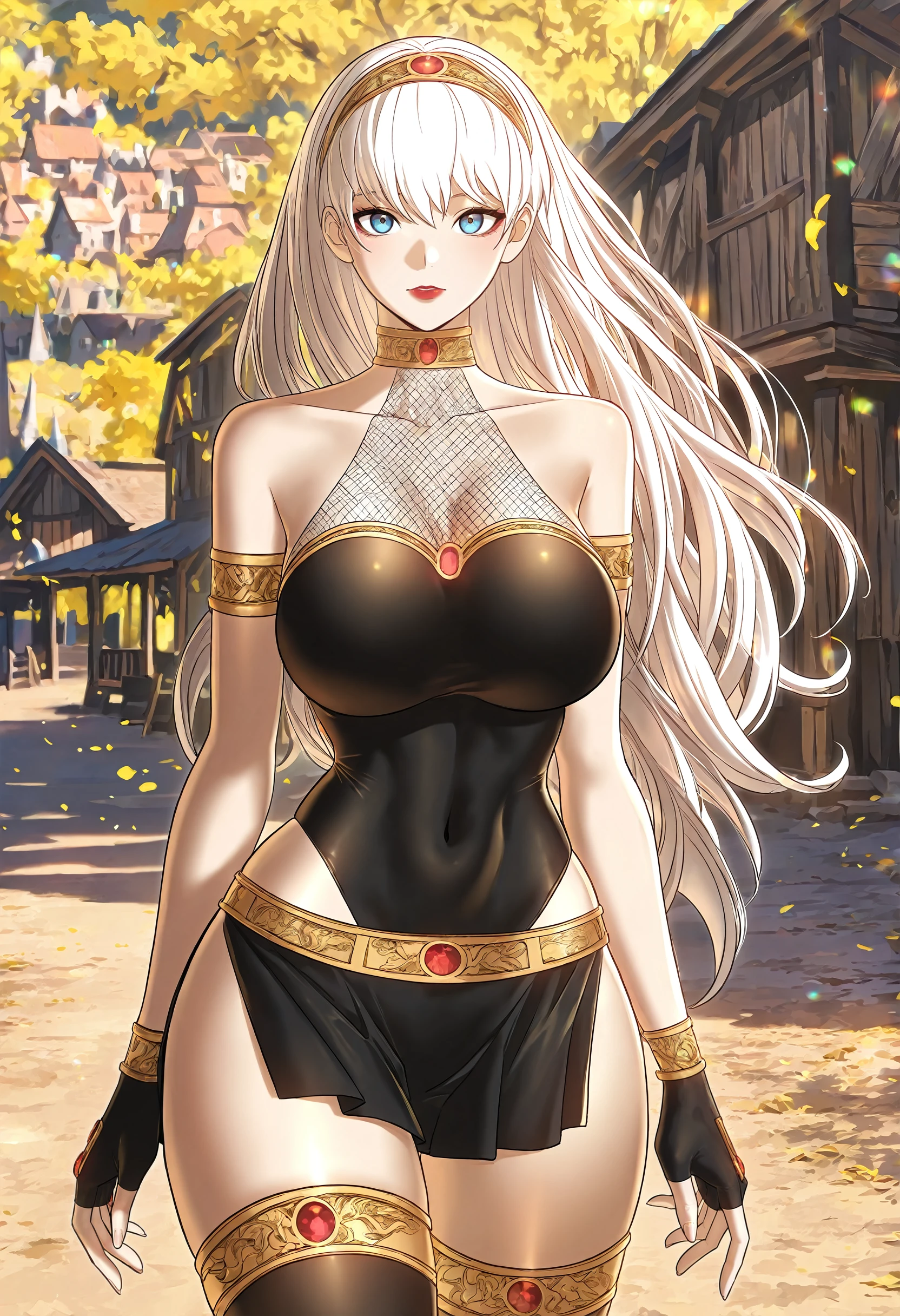 masterpiece, detailed, fine and beautiful, 1girl, breasts,, blonde hair, long hair, solo, dress, yellow eyes, large breasts, looking at viewer, braid, black dress, circlet, breasts out, pelvic curtain, orange eyes, bare shoulders, thighs, collarbone, lips, pale skin, no bra, cracked skin, jewelry, very long hair, glowing, standing, cowboy shot, chain, parted lips, veins, glowing eyes, closed mouth, braided ponytail, sleeveless, revealing clothes