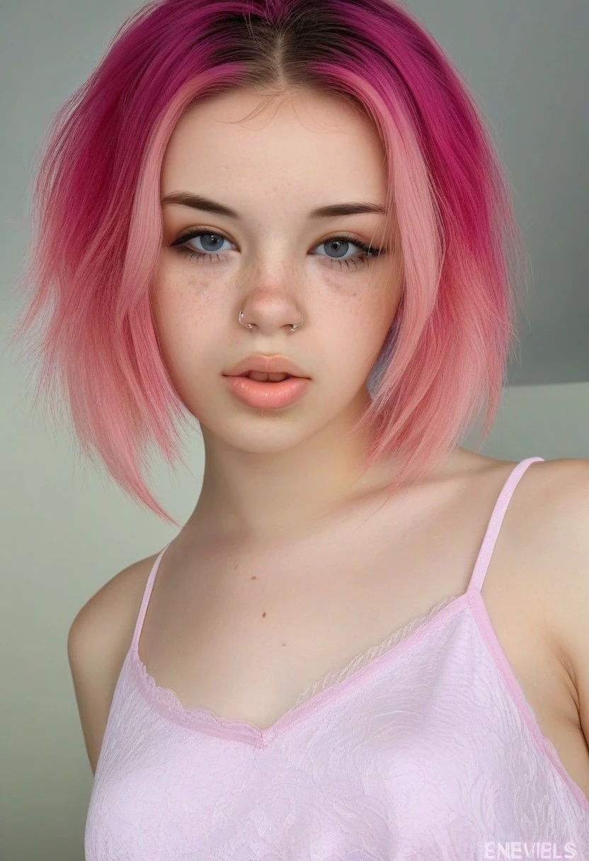 full body model, body with well-made anatomybeautiful 1 girl, standing alone, long hair, looking ahead at viewer, bangss, simple background, greeneyes, pink  hair, parted lips, teeths, lips, eyelash, Messy hair, portraite, close up, freckles, realisitic