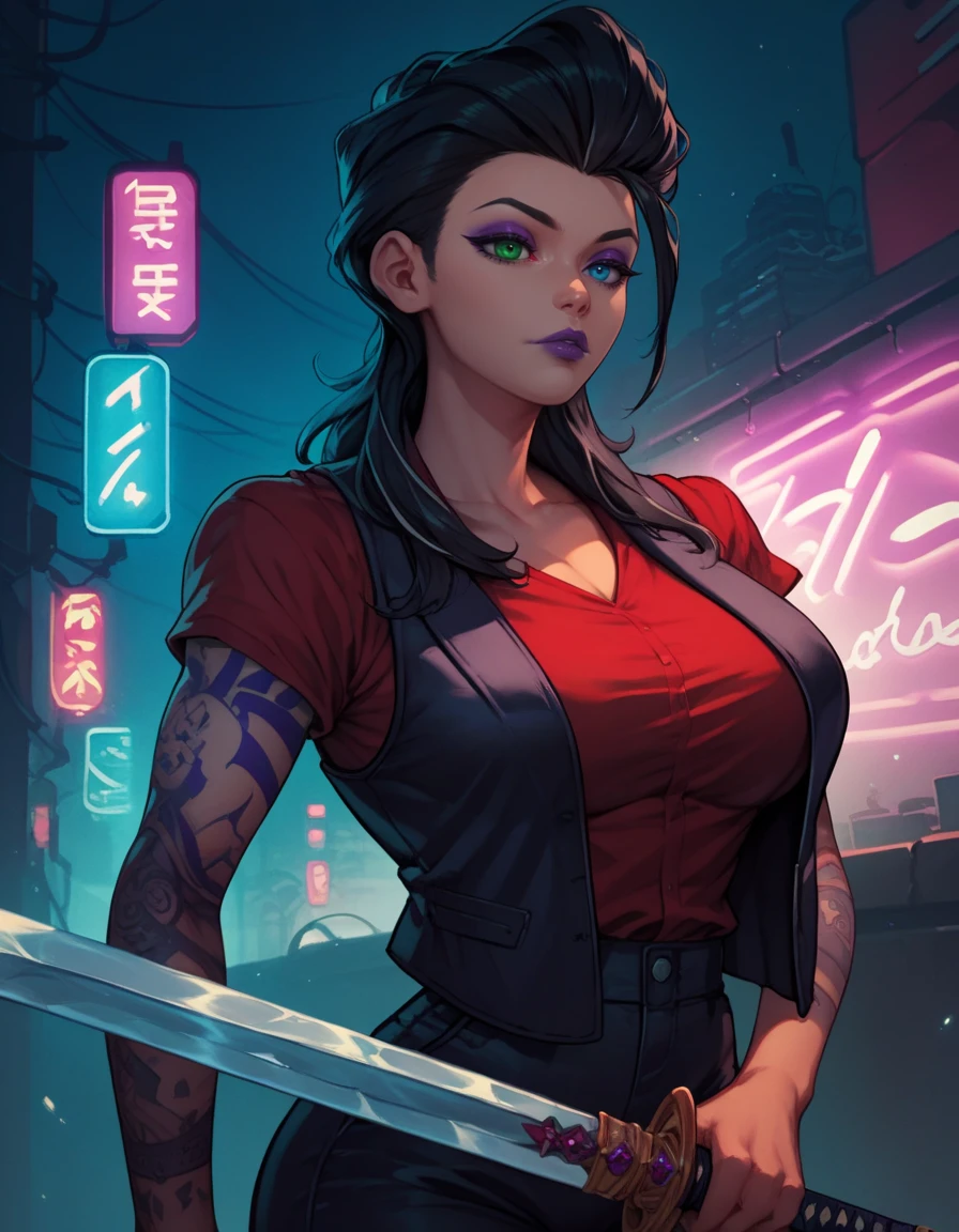 score_9, score_8_up, score_7_up, score_6_up, 
1girl, solo,
large breasts, 
sabukodg,
black hair, purple lips, purple eyeshadow,heterochromia, green eyes, blue eyes,
black pants, vest,red shirt, 
arm tattoo,
holding sword,
 neon lights, 
 <lora:Sabuko DG PXL v01-000001:1>