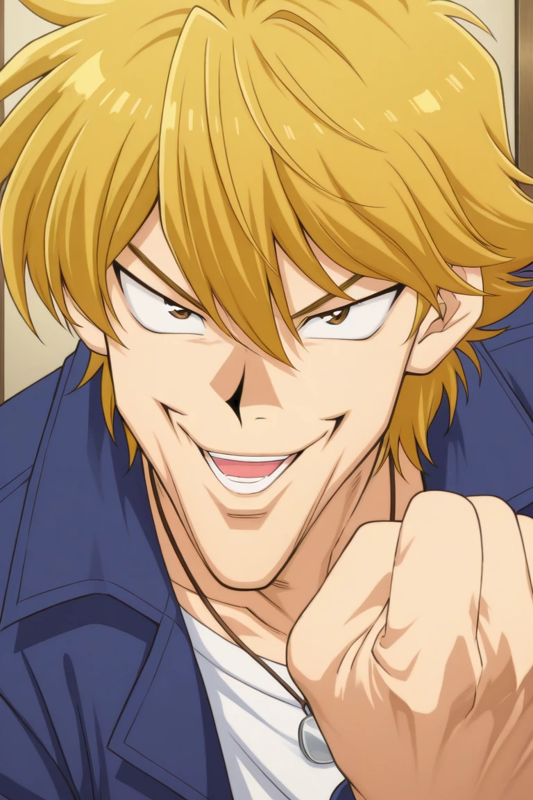 masterpiece, best quality, amazing quality, very aesthetic, absurdres, newest,Anime screencap
Joey_Chin_A, Hand up, LOOKING AT VIEWER, CLENCHED HAND, PORTRAIT, male focus, smile, open mouth jounouchi katsuya, blonde hair, brown eyes, blue jacket, white shirt, necklace