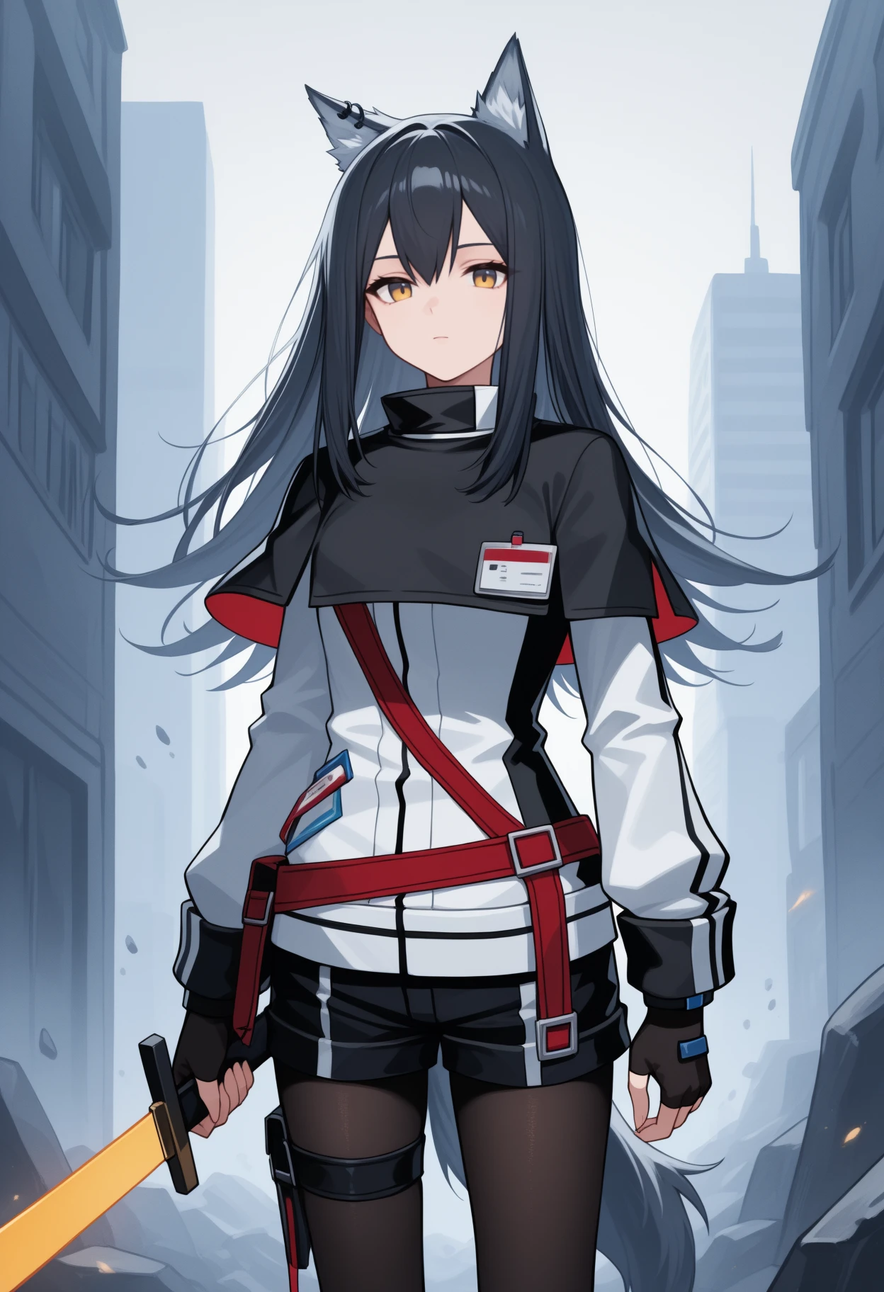 masterpiece, best quality, <break> solo, 1girl, tex4s, ear piercing, wolf tail, expressionless, looking at viewer, standing, arms at sides, holding sword, long hair, black hair, hair between eyes, animal ears, animal ear fluff, yellow eyes, black capelet, id card, white jacket, long sleeves, black gloves, fingerless gloves, black shorts, short shorts, black pantyhose, thigh strap, outdoors, cloud, city street, debris, rock
<segment:yolo-Anzhc Face seg 640 v2 y8n.pt,0.4,0.5//cid=1>