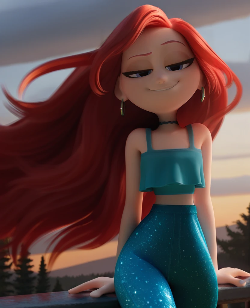 masterpiece, best quality, amazing quality, highres, absurdres, intricate detail, 3d, <lora:Chelsea_TK_ILLUS2-000009:1> , chelseatk, 1girl, long hair, red hair, blue eyes, crop top, choker, hoop earrings, sparkle pants, looking at viewer, outdoors, floating hair, wind, half-closed eyes, smirk