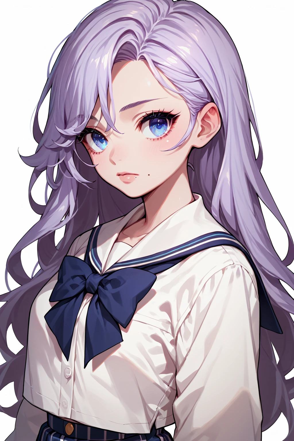 score_9, score_8_up, score_7_up, score_6_up, score_5_up, score_4_up, <lora:Edel - Grand Chase:1>  GCEdel, blue eyes, pastel purple hair, long hair, beauty mark, school uniform