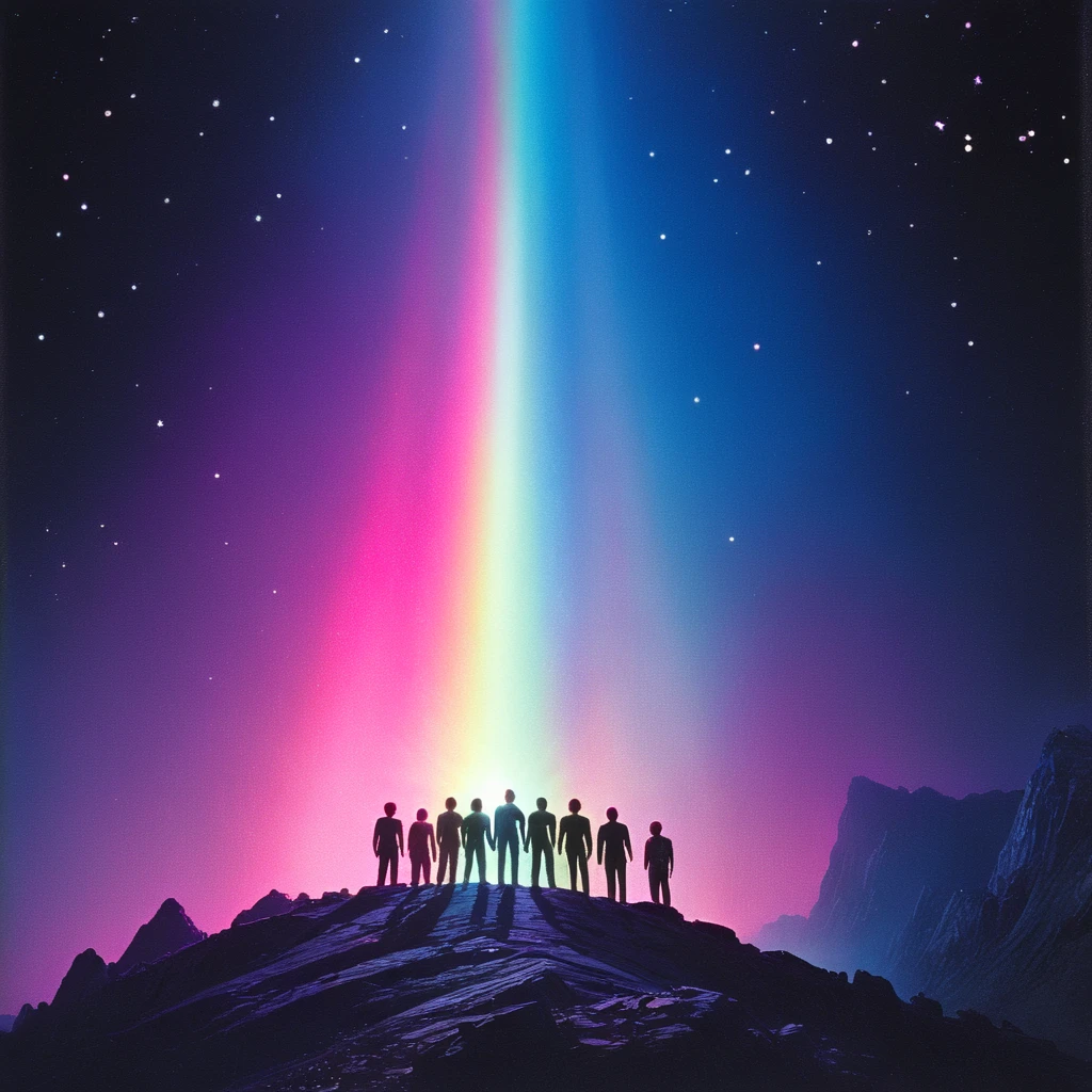 <lora:70sSci-FiMovieSDXL:1> ArsMovieStill, movie still from a 1970s technicolor Sci-Fi movie, The image shows a group of people standing on top of a mountain looking up at a bright light beam that is shining down on them. The light beam is made up of multiple colors - pink red blue and purple - that create a rainbow-like effect. The background is a deep black with small white stars scattered throughout. The people are silhouetted against the light beam and they appear to be standing in a line facing the same direction. The overall mood of the image is surreal and awe-inspiring., star (sky), sky, starry sky, night, multiple boys, night sky, scenery, outdoors, space, 6+boys