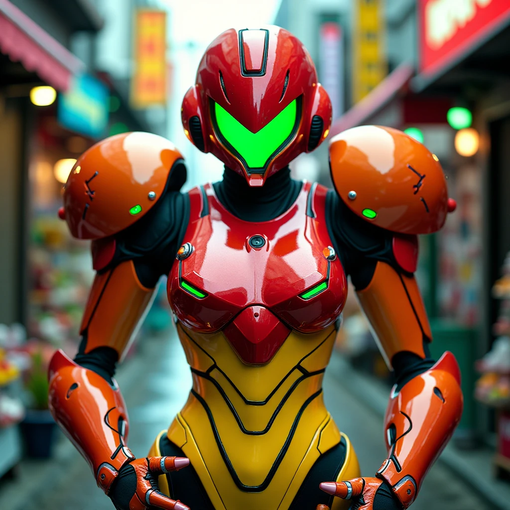 Saranlux. Samus Aran, in her Power Suits armor. The armor features the iconic red-orange plating with a high-gloss finish that reflects light vividly. The chest plate with smooth, angular designs accentuated by subtle green highlights. The abdomen area tra...