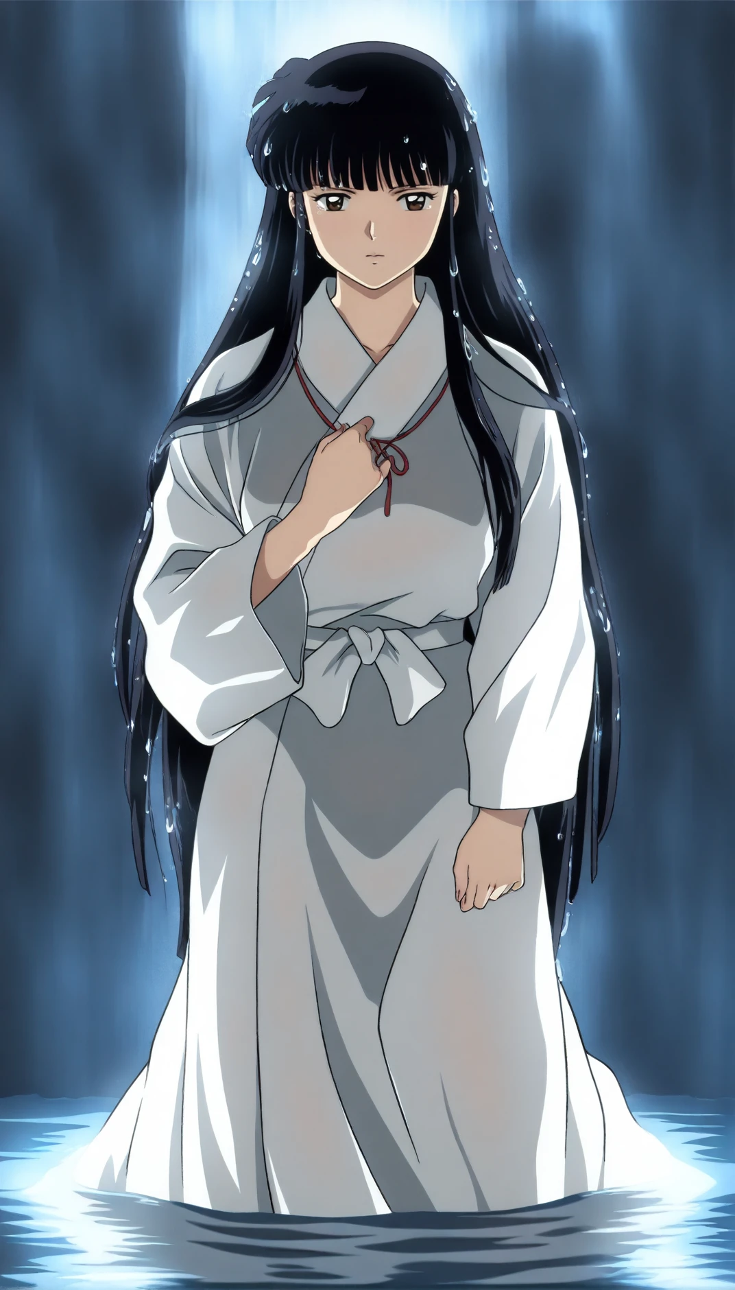 masterpiece,best quality,amazing quality,<lora:kikyoIL:1>,
oykik,realistic,
1girl,solo,black hair,long hair,bangs,brown eyes,looking at viewer,white robe,red ribbon necklace,white waist ribbon,full body,hand on own chest,in water,water drop on hair,waterfall in background,
soft lighting,