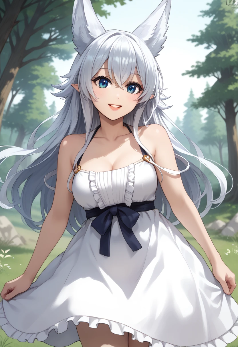 score_9, score_8_up, score_7_up, source_anime, masterpiece, detailed face, detailed lips, cute face ,1girl, anime style, forest, field, smile, fenrys, long hair, fox ears, white hair, medium breasts, long hair, blue eyes, animal ears, bangs, white hair, dress, hair between eyes, pointy ears, white dress, crossed bangs, collarbone,fullbody, standing,