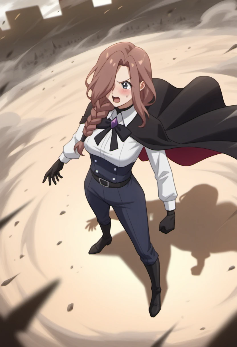 1girl, solo, crucabena, gentle, long hair, brown hair, hair over one eye, braid, single braid, hair over shoulder, white shirt, long sleeves, black cape, bow, gem, black gloves, silhouette, bird's_eye_view, standing, arms_outstretched, looking_up, determined_expression, cape_fluttering, dust_cloud, battlefield, wind_effect, epic_composition, <lora:Character_Crucabena - Gentle:0.8>