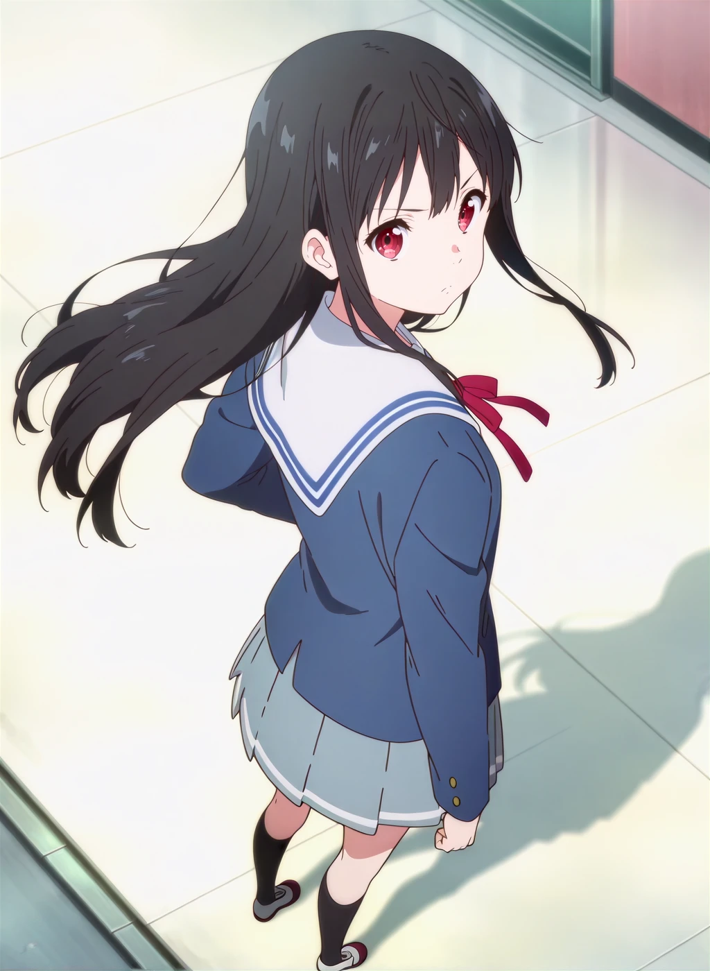 anime,High quality,Ultra detailed,best quality,insanely detailed,beautiful,masterpiece,prefect lighting BREAK
indoor,<lora:nase_mitsuki_V1_IL:1>,(nase_mitsuki, kyoukai_no_kanata,long hair, black hair, red eyes,),(school uniform,blue jacket,black socks,grey skirt,kneehighs,long sleeves,neck ribbon,pleated skirt,white sailor collar,shoes),1girl,solo,serious,looking_back,front view,full body,looking_at_viewer,