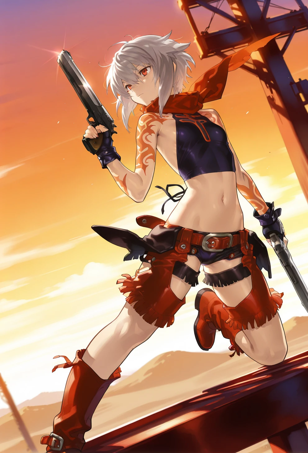 masterpiece, best quality, high quality, anime, solo, 
<lora:AEJOIlx:1>
AEJO, grey hair, red eyes, messy hair, short hair, arm tattoo, red scarf, backless outfit, crop top, midriff, navel, fingerless gloves, belt, chaps, fringe trim, panties, shorts, boots,
outdoors, on crane \(machine\), steel beam,
dual wielding, holding_gun, expressionless, wind, desert eagle,