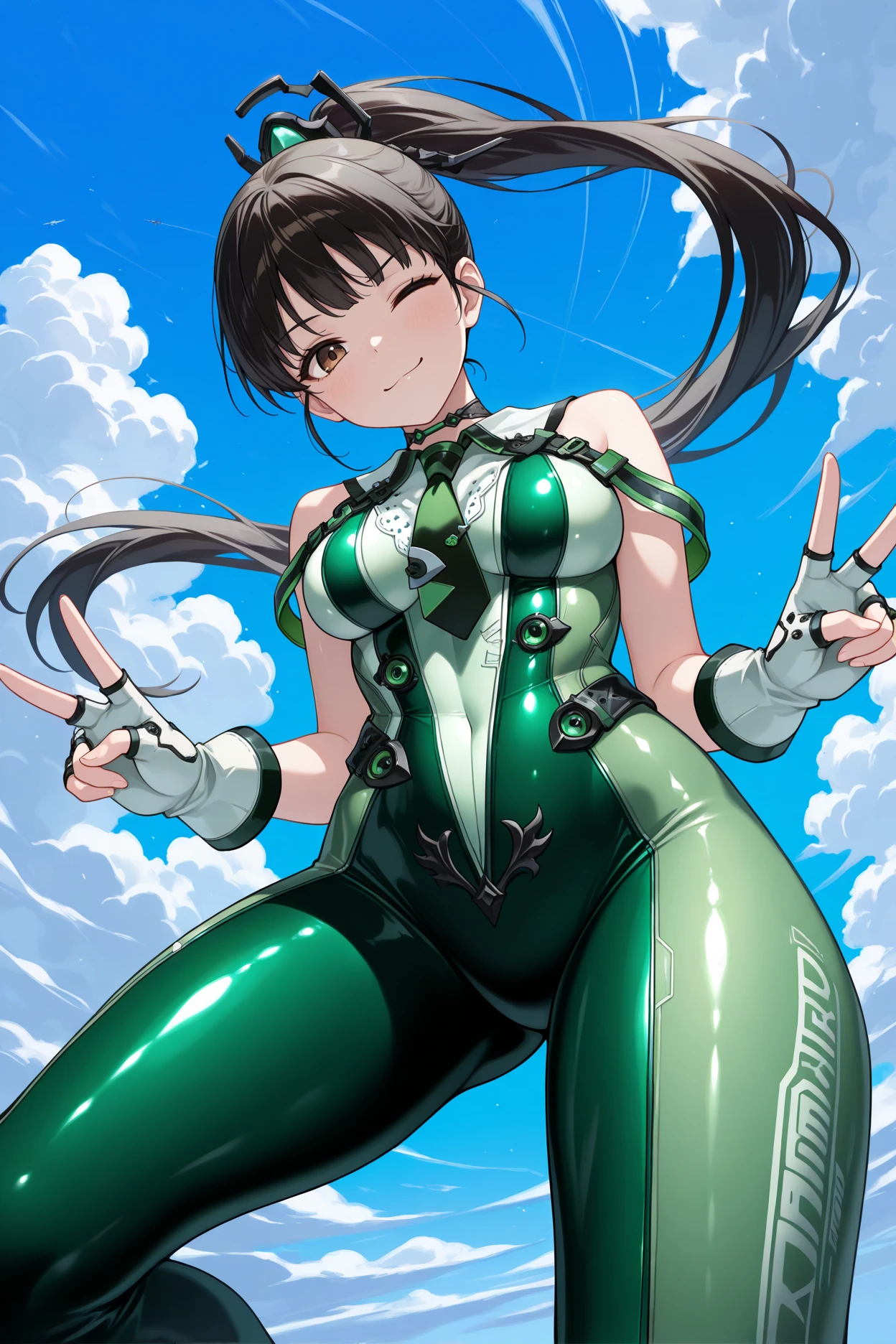 masterpiece, best quality, 1girl, solo, <lora:sbeve-illu-nvwls-v1-000007:1> defEve, black hair, brown eyes, long ponytail, necktie, green and white bodysuit, sleeveless, fingerless gloves, white gloves, medium breasts, falling, midair, forced perspective, from below, looking at viewer, smug, wink, blue sky, clouds, peace sign