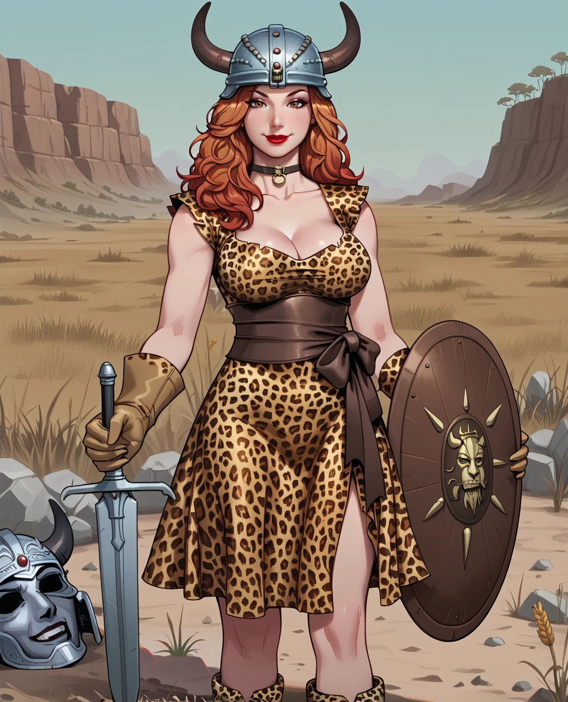 score_9, score_8_up, score_7_up, BREAK,
1girl,solo,choker,looking at viewer,large breasts,collarbone,cleavage,smile,lips,red lipstick,plains,
edgBarb, dress, brown eyes,weapon, boots, horns, sword, helmet, shield,wearing edgBarb_armor,leopard print,
 <lora:edgBarbarianPNY:1>