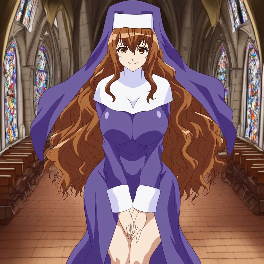 Brown hair,long hair, wavy hair, beautiful face,nun's headpiece,nun's habit,big breasts,big ass, thick thighs, narrow waist, hourglass figure, together legs, standing, pov, looking at viewer,indoors, church,smile, Kurisu Harumi