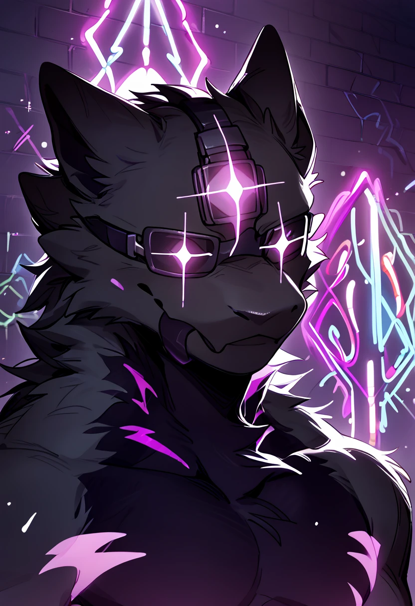 score_9, score_8_up, score_7_up, hi res, n1ghtcrawler, solo, anthro, furry, black body, male, particles, graffiti, purple glow, low lighting, neon lights, looking at viewer, seductive, light shining through fur, simple background, glowing knot, <lora:NightCrawler_Kaiju_Paradise:1>