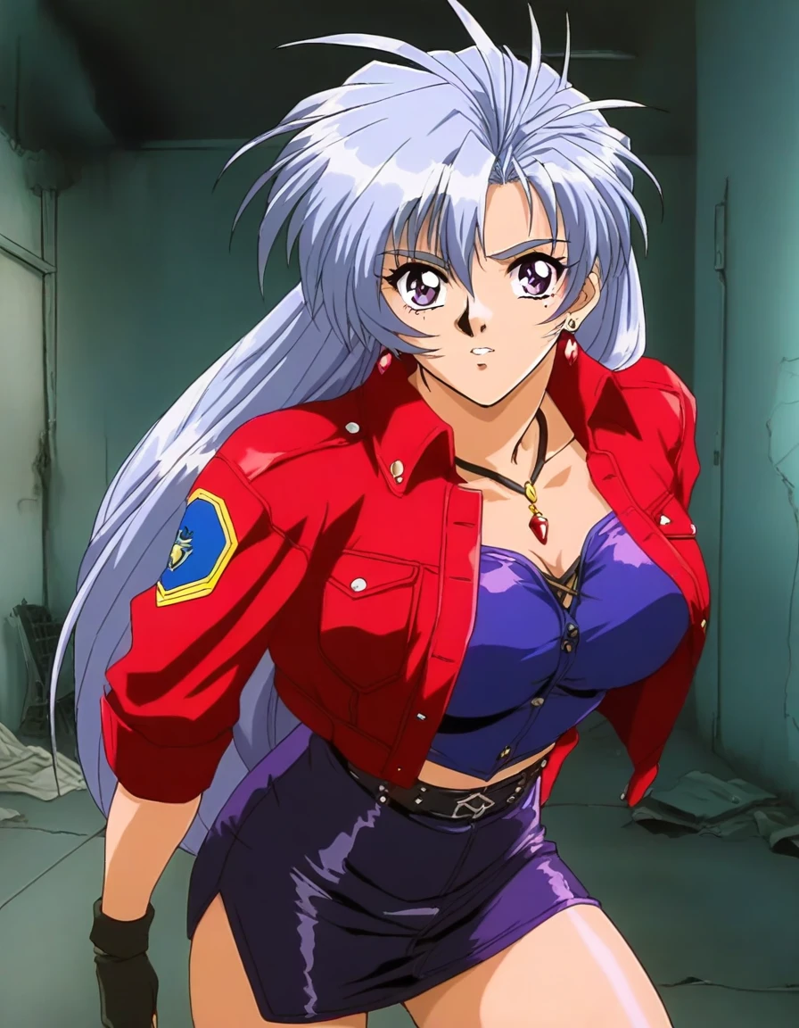 masterpiece, best quality, good quality, <lora:Serizawa_Mio_OVA_IS:1>Serizawa_Mio_OVA, 1girl, long hair, grey hair, jewelry, earrings,  large breasts, purple hair, purple eyes, cropped jacket, pencil skirt,  1990s (style),
Abandoned school building, room.