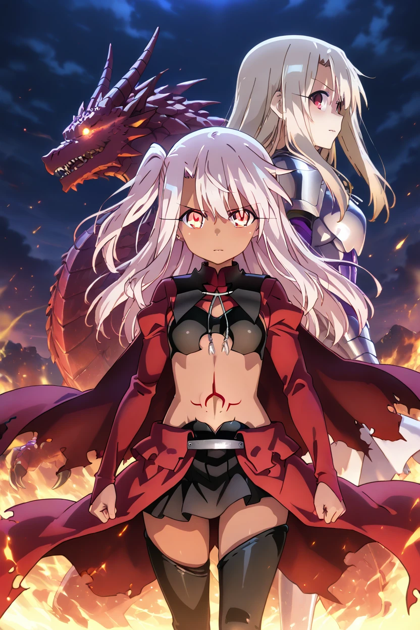 masterpiece, best quality, large breasts, (curvy),  ,,,  (2girls:1), (chloe von einzbern, yellow eyes, pink hair, long hair, one side up, dark skin, illyasviel von einzbern, red eyes, white hair, long hair, red eyes),dragon rider, scale armor, massive mystical dragon, fire and smoke, glowing eyes, heroic pose, fierce dragon, dark sky, dramatic lighting, adventure-filled scene<lora:PrismaIllyaIXL_v2:1.0>,