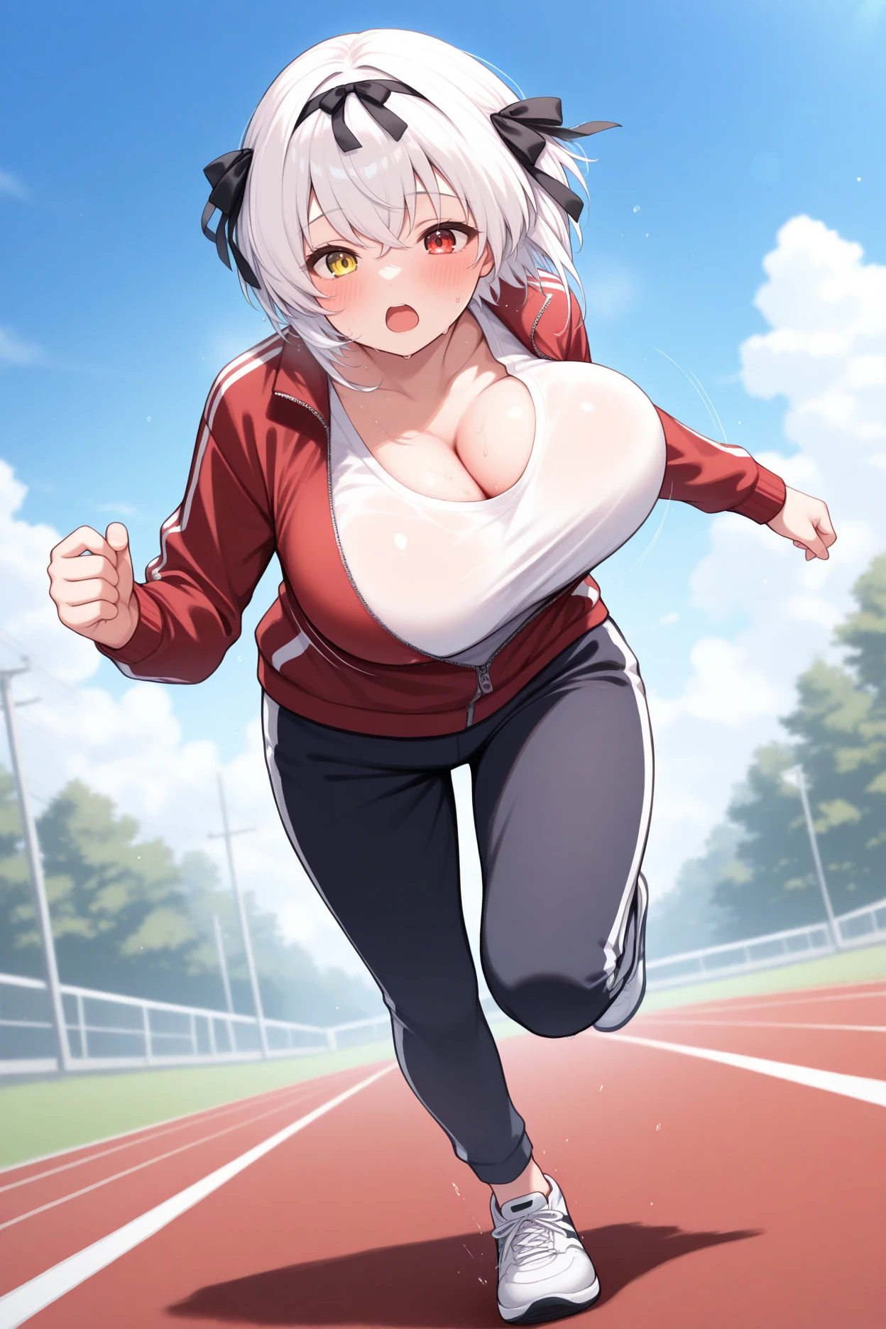 masterpiece, best quality, 1girl, solo,  <lora:aliciarenato-illu-nvwls-v1-000005:1> arenato, white hair, heterochromia, hair ribbon, large breasts, track pants, track jacket, red jacket, white shirt, cleavage, bouncing breasts, unzipped, running, open mouth, blush, sweat, track, blue sky, sneakers, full body