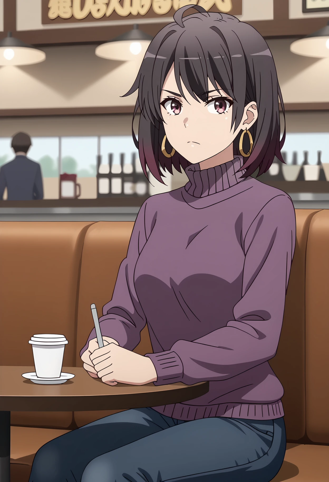 anime screencap,
<lora:YahariOreNoSeishunLoveComedy_YukinoshitaHarunoXL:0.9>,
1girl, solo, closed mouth, serious,
medium hair, multicolored hair, black hair, magenta hair, ahoge, multicolored eyes,
HarunoCasual, turtlneck sweater, purple sweater, hoop earrings, jeans,
sitting, looking at viewer,
cafe, indoors, blurry background