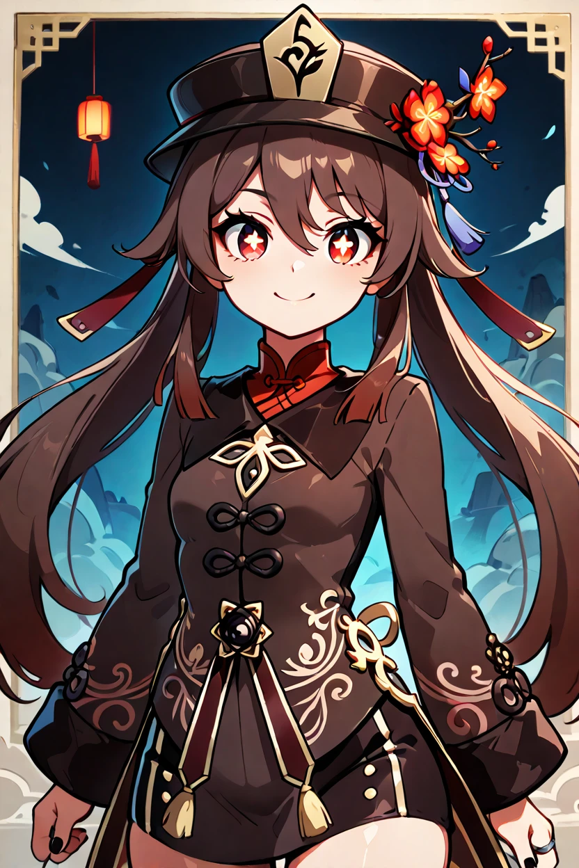 masterpiece, best quality, 1girl, solo, 21 year old model, eyelashes, (beautiful eyes),     zzHuTao, red eyes, hair between eyes, brown hair, long hair, twintails, flower-shaped pupils, long sleeves, black headwear, hat flower, jewelry, chinese clothes, black nails, ring,  ,<lora:HuTaoGenshinIXL:1.0>, BREAK,,,   smile, looking at viewer, cowboy shot, abstract background, dynamic pose, wind, <lora:GoldenCATLoraIXL:0.6>, <lora:princess_xl_v2:0.3>,