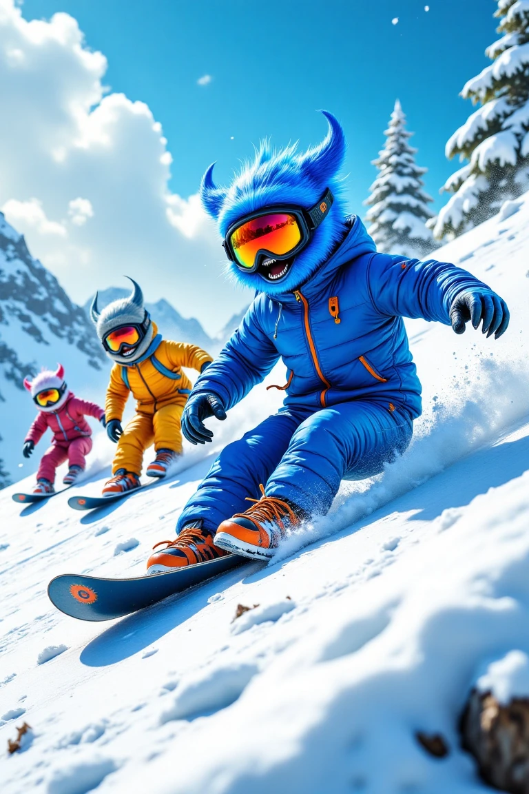 blueton monster, A playful snowboarding scene with a group of friends racing downhill, colorful jackets and gear contrasting against the pristine white snow, under a bright sunny sky.