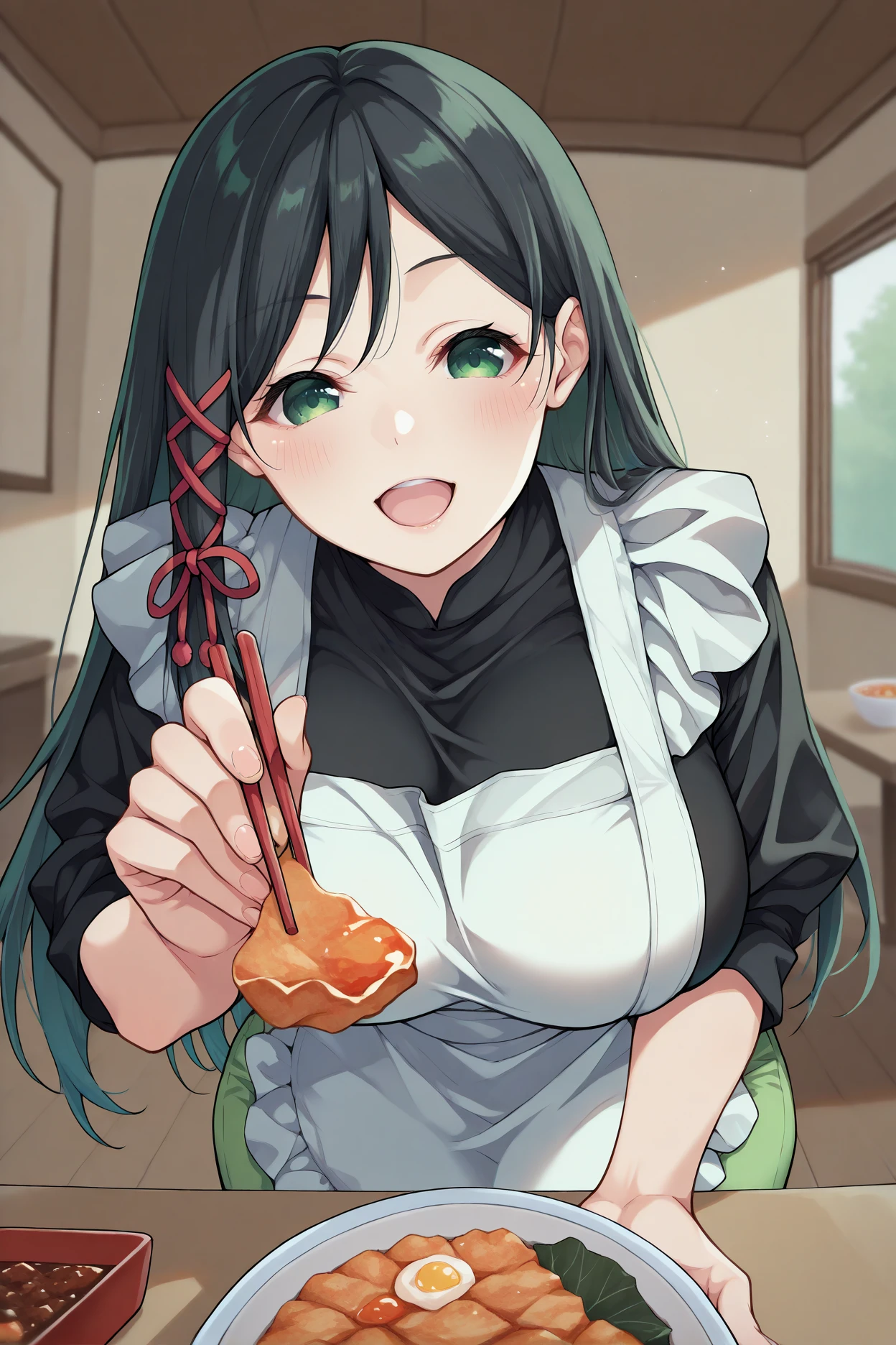 masterpiece, best quality, 1girl, solo, <lora:amagamiyae-illu-nvwls-v1-000006:1> amagamiyae, black hair, long hair, green eyes, hair ribbon, big breasts, black shirt, white apron, green pants, table, food, holding chopsticks, food, feeding viewer, pov, incoming food, happy, open mouth, blush