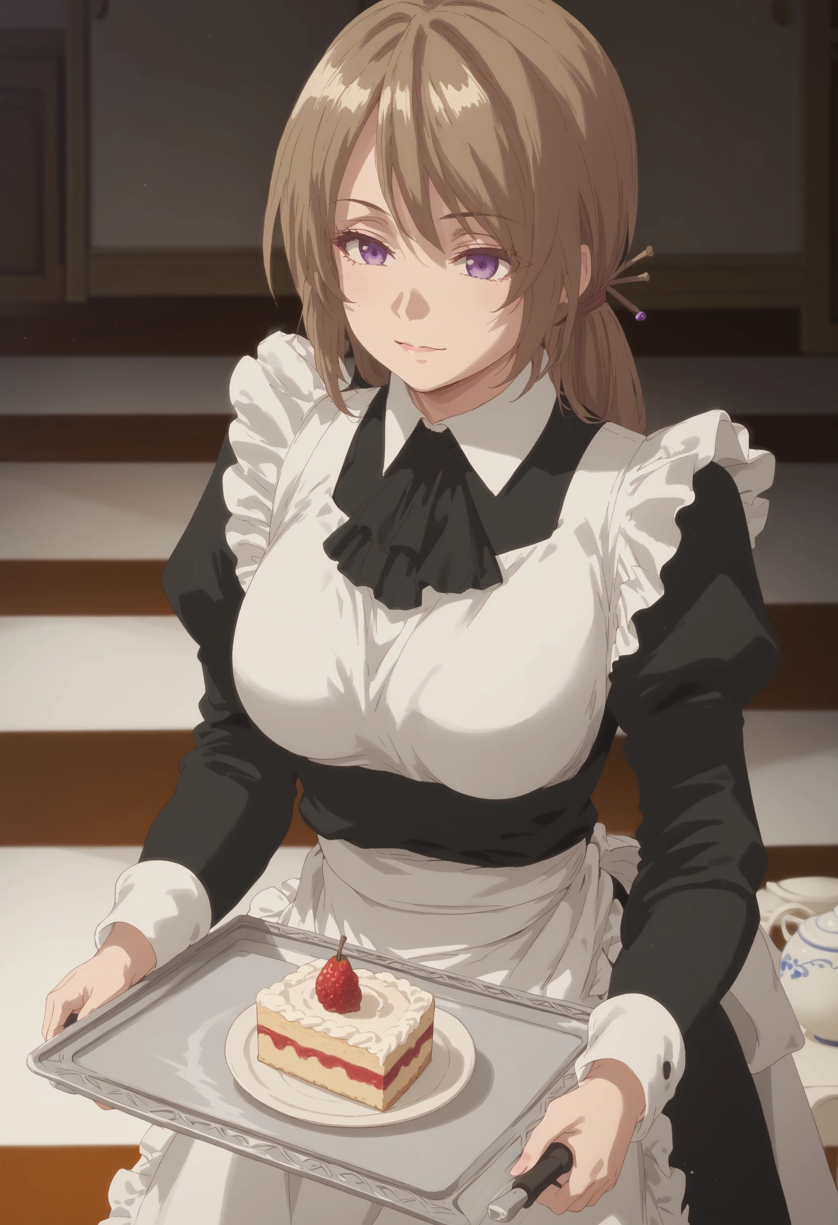 score_9, score_8_up, score_7_up, high res image, 22yo, (mature woman:0.8), masterpiece, 1girl, solo, bright colors, anime style, <lora:KaifukuMeido:1>, KaifukuMeido, Meido, brown hair, purple eyes,black maid, maid outfit, white maid apron, medium long hair, updo, hairpin, from side, holding tray, cake,