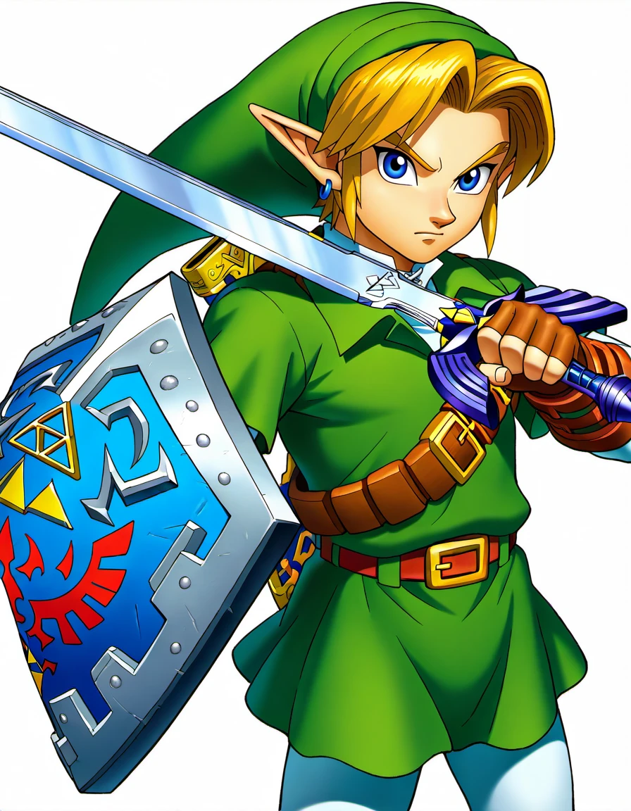 ootalink, 1boy, link, the legend of zelda: ocarina of time, official art, solo, male focus, looking at viewer, cowboy shot, left-handed, holding sword, master sword, holding shield, hylian shield, white pantyhose, white undershirt, layered sleeves, brown elbow gloves, brown fingerless gloves, green headwear, green pleated skirt, green tunic, collared shirt, blue hoop earrings, masterpiece, best quality, absurdres, white background,  <lora:ootalinkil:1>