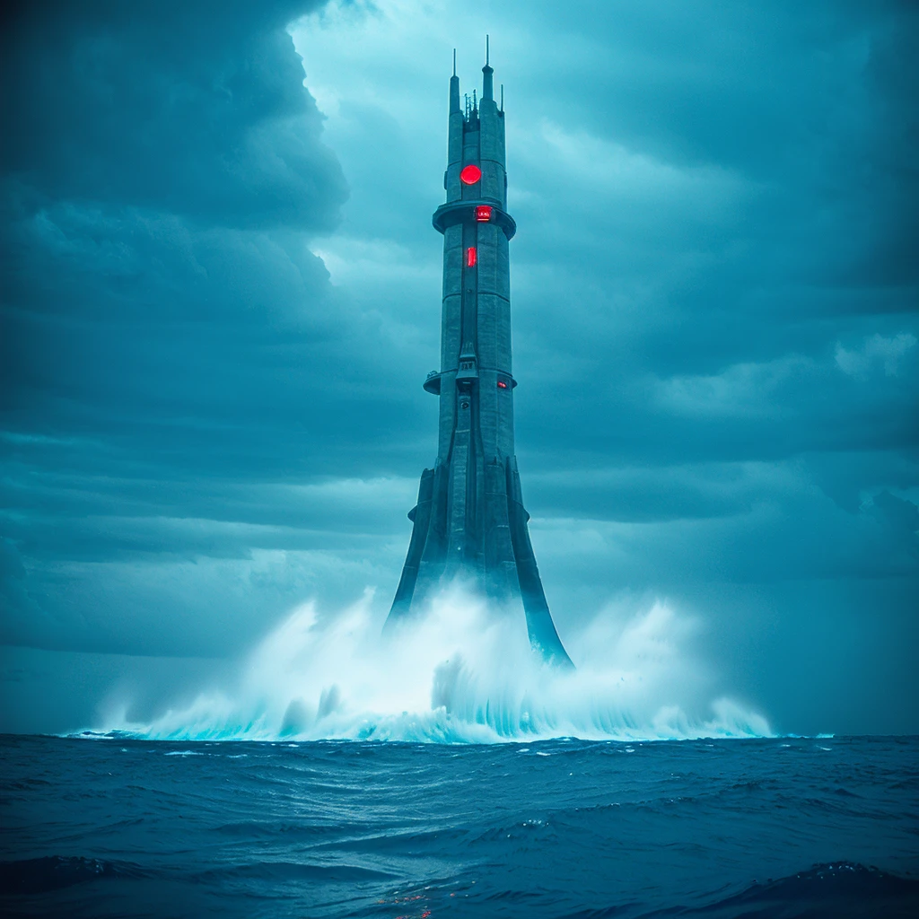 <lora:70sSci-FiMovieSD1:1> ArsMovieStill, movie still from a 1970s technicolor Sci-Fi movie, The image shows a tall concrete structure in the middle of the ocean. The structure appears to be a tall tower or a tower with multiple levels and a pointed top. It is surrounded by the vast expanse of the sea with the waves crashing around it. The sky is a pale blue and the water is choppy and turbulent. In the center of the structure there is a red circle with a white outline which could be a symbol of a spaceship or a spaceship. The overall mood of the image is ominous and ominous., no humans, ocean, watercraft, science fiction, ship, water, sky, glowing, scenery, military