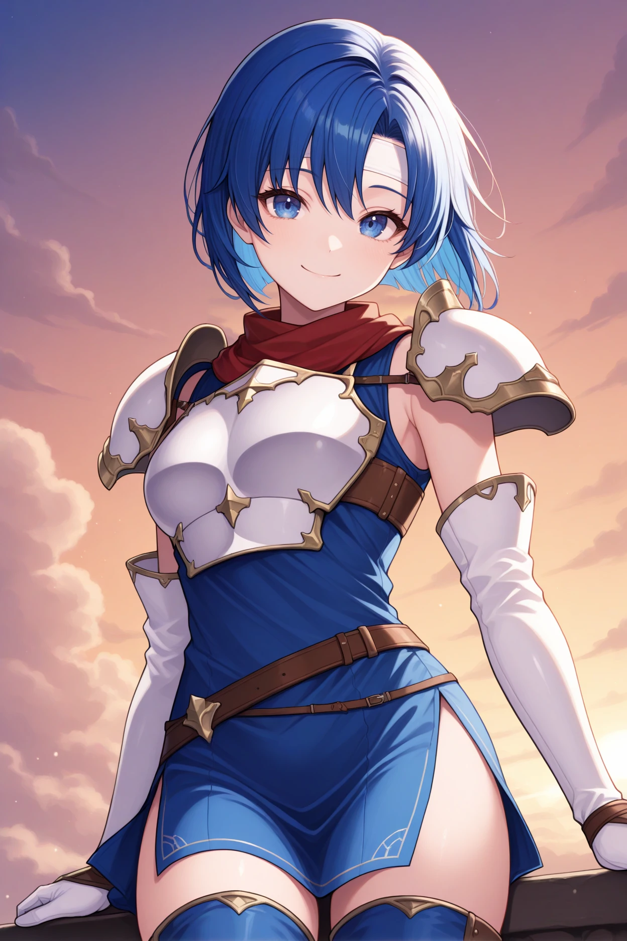 masterpiece, best quality, 1girl, solo,  <lora:fecatria-illu-nvwls-v1-000005:1> dfCt, blue hair, medium hair, blue eyes, white headband, white armor, sleeveless dress, blue dress, shoulder armor, red scarf, brown belt, long gloves, white gloves, blue thigh boots, looking at viewer, upper body, smile, upper body, portrait, sunset, clouds