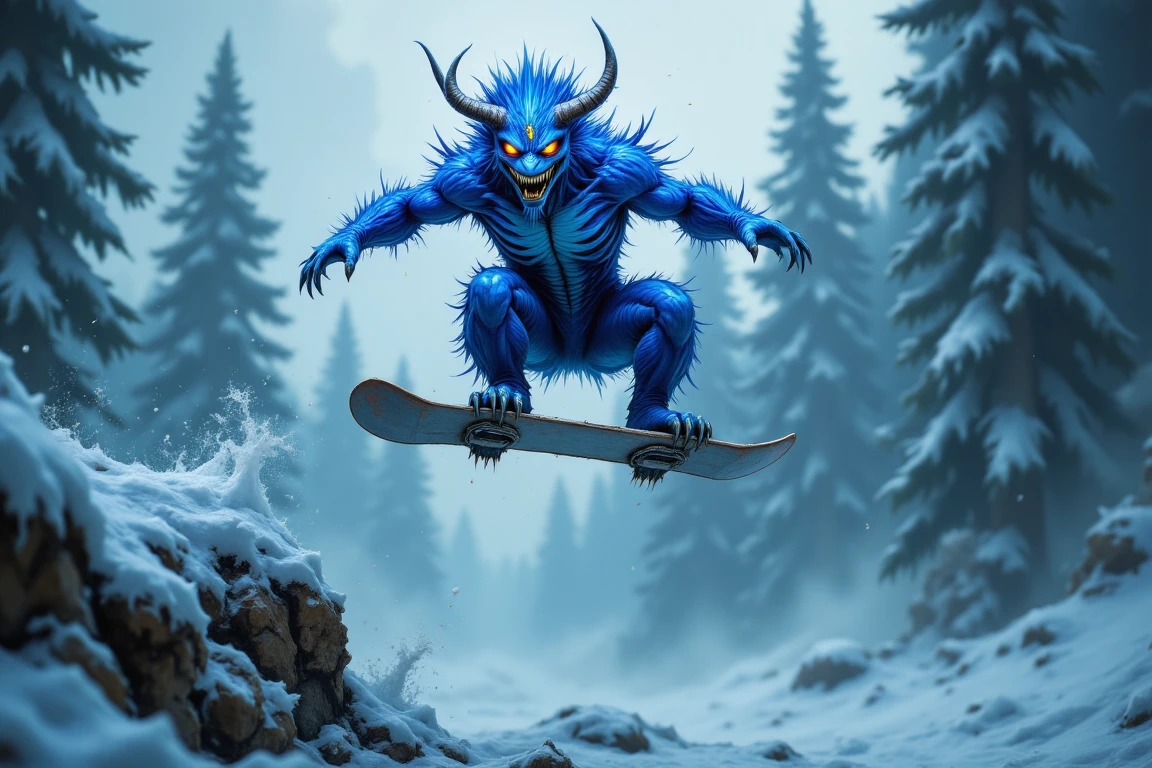 A bluetongue-inspired creature morphs into a majestic snowboarder hovering mid-air, captured in crystalline slow-motion. The subject's pose is one of serene suspension, as if gravity's pull has been momentarily halted. A winter wonderland backdrop glows softly in the distant misty light, accentuating the snowboarder's ethereal silhouette.