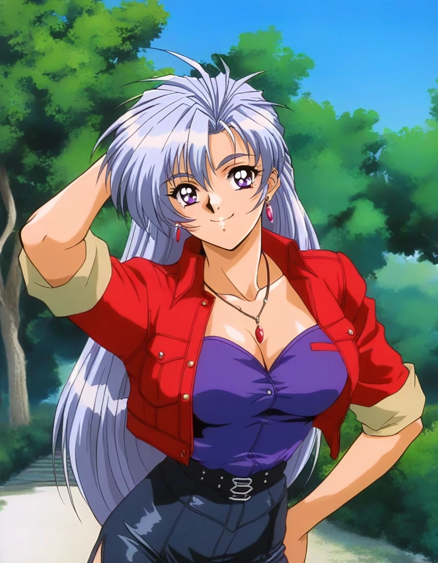 masterpiece, best quality, good quality, <lora:Serizawa_Mio_OVA_IS:1>Serizawa_Mio_OVA, 1girl, long hair, grey hair, jewelry, earrings,  large breasts, purple hair, purple eyes, cropped jacket, pencil skirt,  1990s (style),
smile, happy,
outdoor, tree, blue sky,