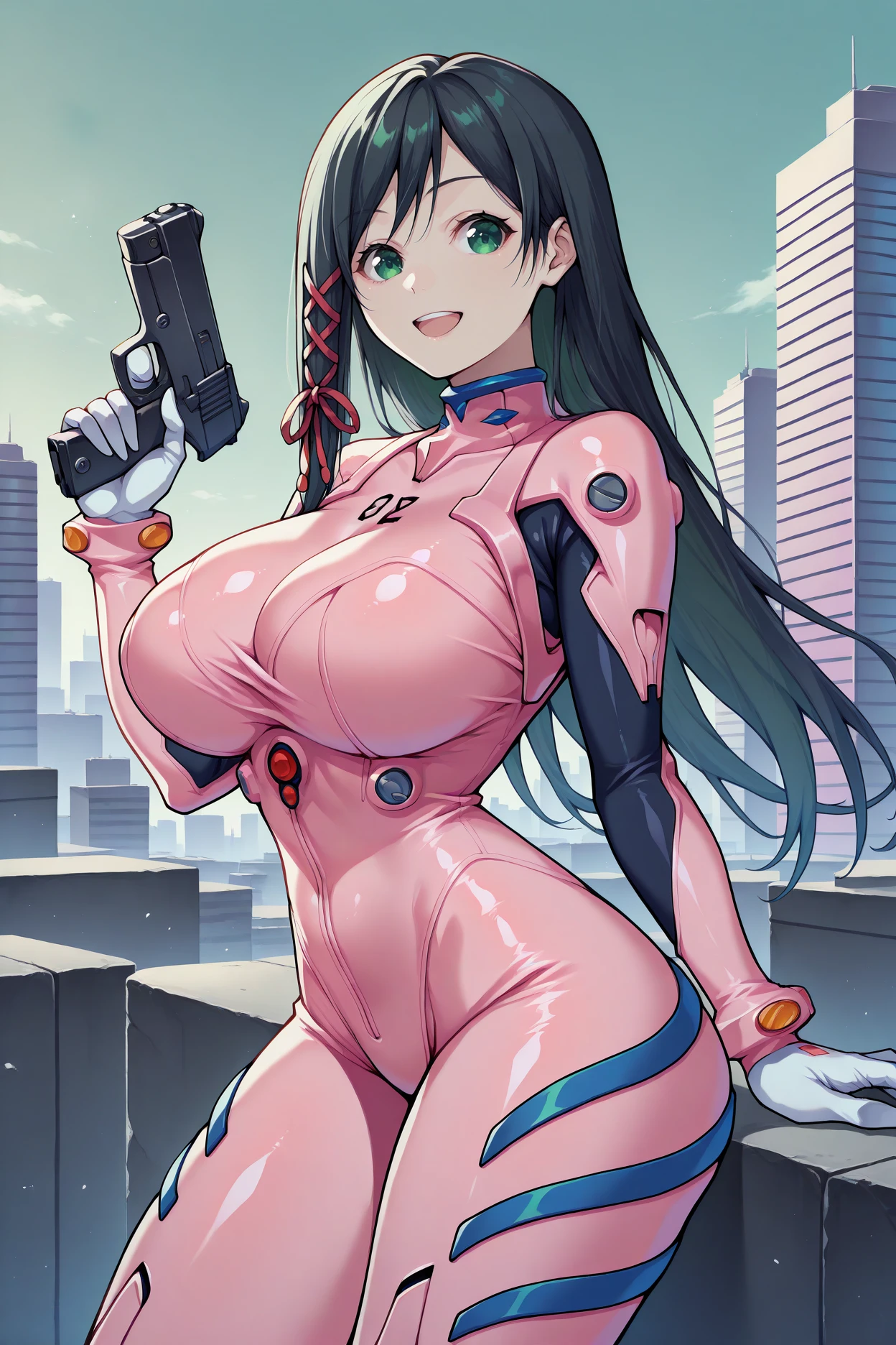 masterpiece, best quality, 1girl, solo, <lora:amagamiyae-illu-nvwls-v1-000006:1> amagamiyae, black hair, long hair, green eyes, hair ribbon, big breasts, pink bodysuit, plugsuit, white gloves, city, science fiction, looking at viewer, happy, holding pistol, skin tight