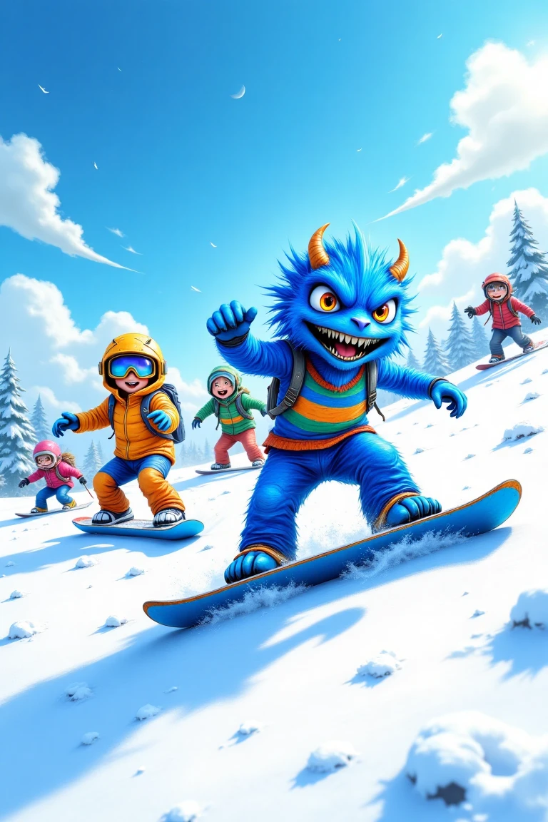 blueton monster, A playful snowboarding scene with a group of friends racing downhill, colorful jackets and gear contrasting against the pristine white snow, under a bright sunny sky.